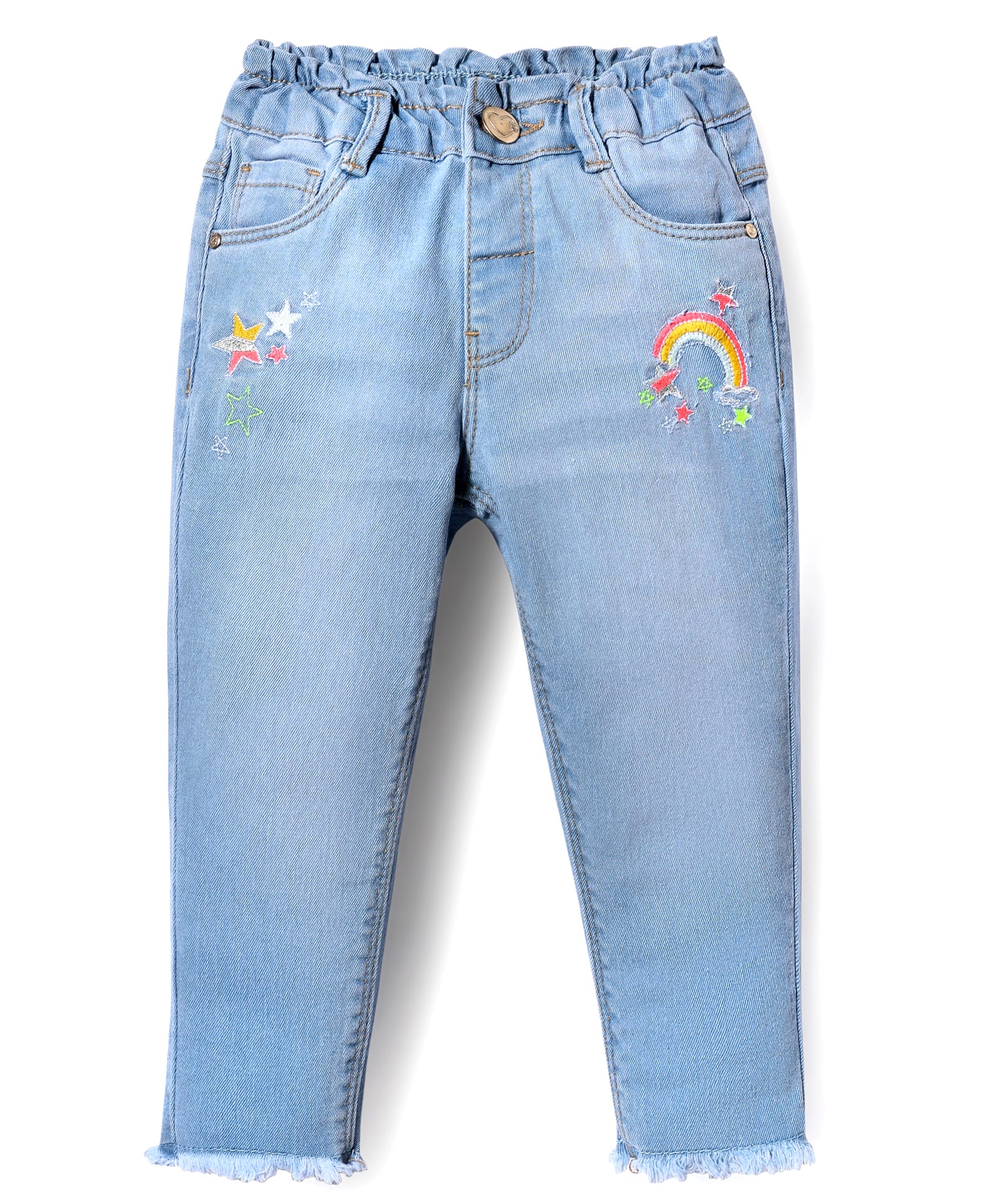 Babyhug Denim Full Length Washed Jeans With Stretch & Rainbow Embroidery - Light Blue-picture-23