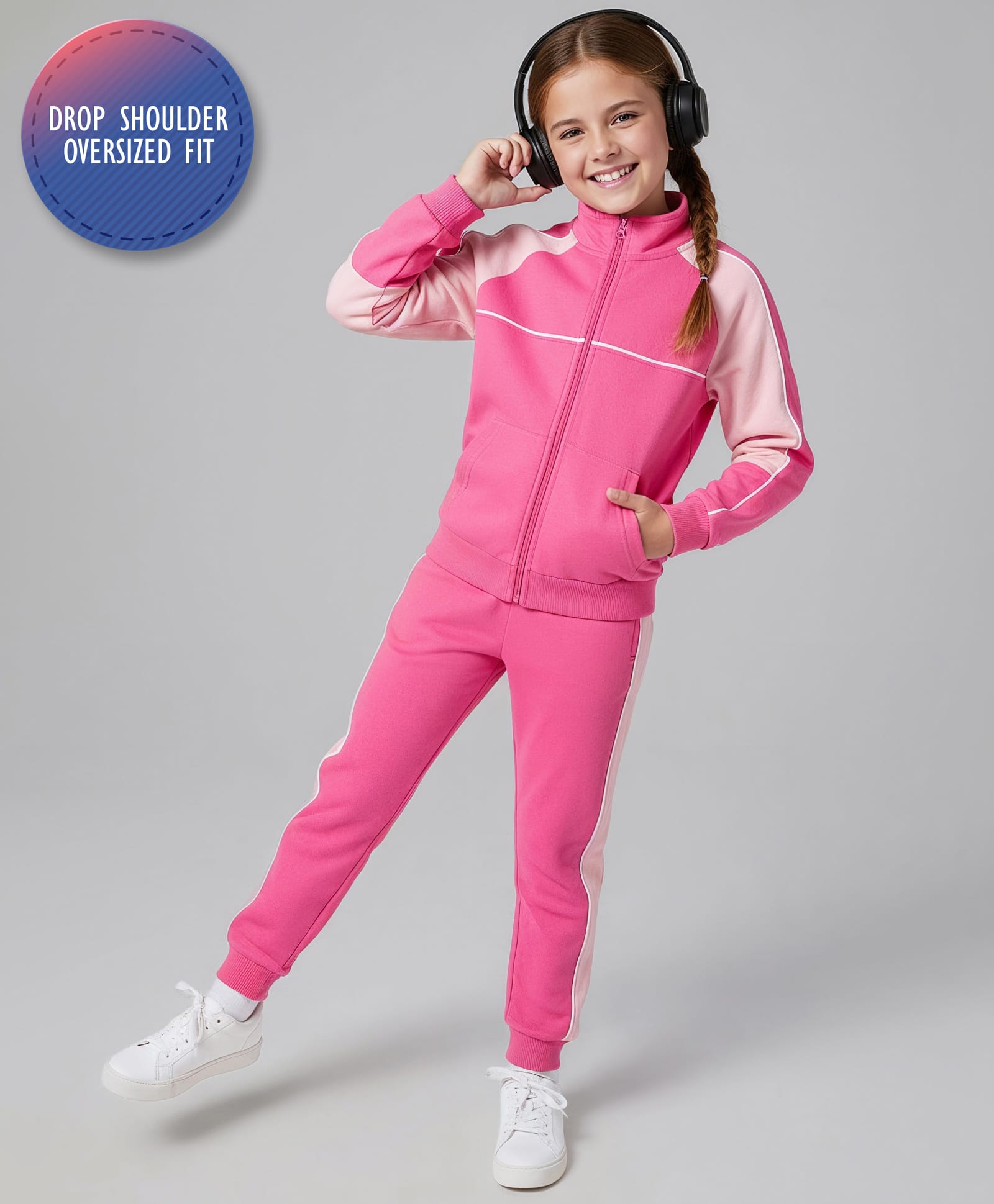Primo Gino 100% Cotton French Terry Knit Drop Shoulder Full Raglan Sleeves Solid Color Block Oversized Fit Winter Wear SweatJacket & Joggers Co-Ord Set - Pink-image-24
