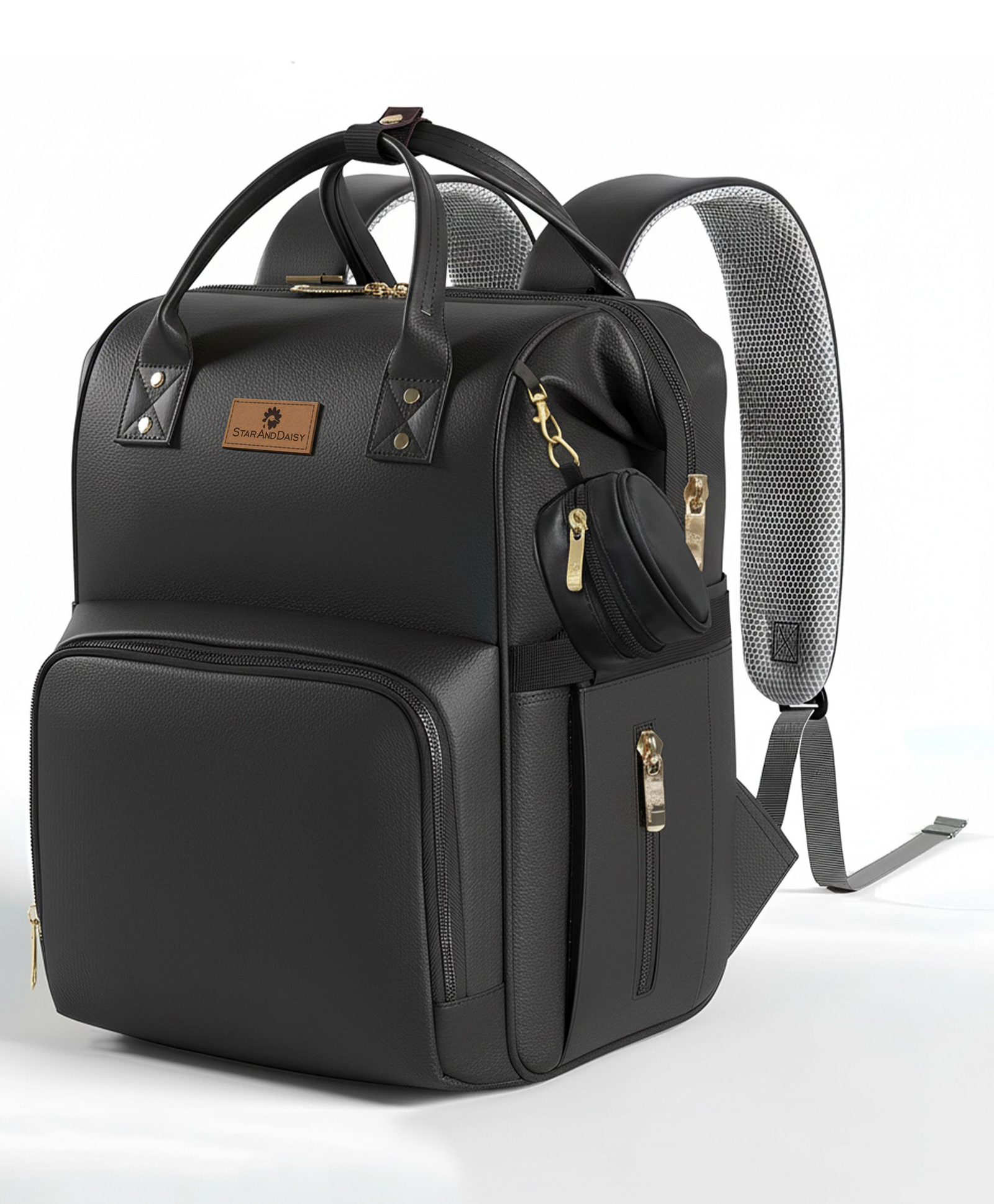 StarAndDaisy Diaper Bag for Mothers with Multi Compartments, Insulated Bottle Pockets, Waterproof, Ultra Vegan Leather, 30L capacity - Black