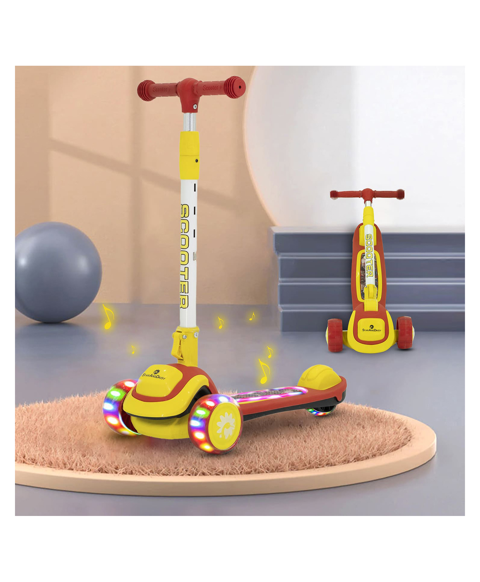 StarAndDaisy Type - 3-wheel kick scooter Skate for Kids 3-12 Years with LED Light PU Wheels, with 4 Level Height Adjustment, Yellow