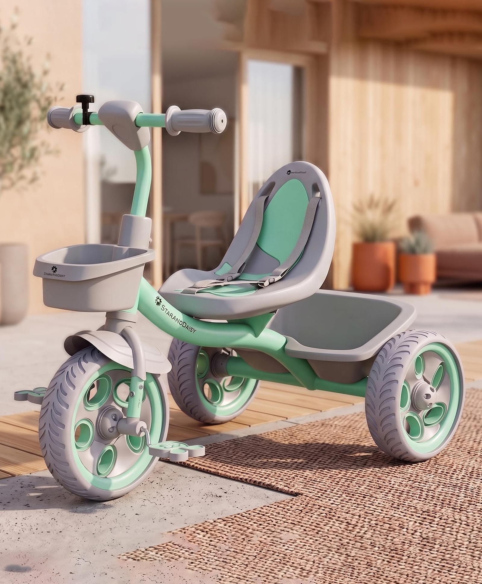 StarAndDaisy Tricycle for Kids 2-5 Years with Seat Belt, Bell, 360° Rotating Handlebar & Dual Storage Basket, Children Bike Toy with Pedals, Light Green-image-41