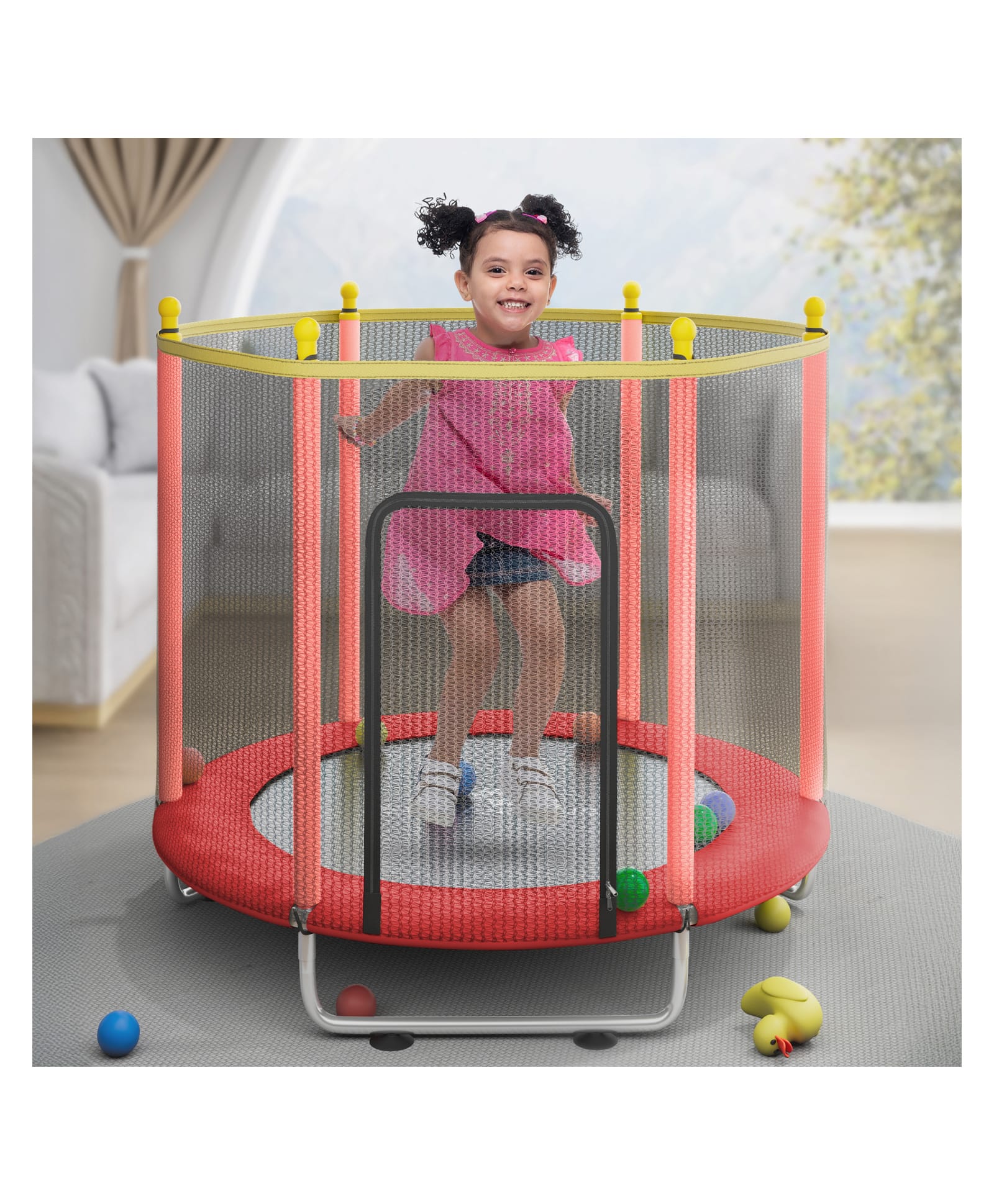 StarAndDaisy 1.4 Meter Kids Trampoline with Safety Enclosure Net,Indoor & Outdoor Trampoline for Kids, Mini Round Bounce Jumper, Red-image-17