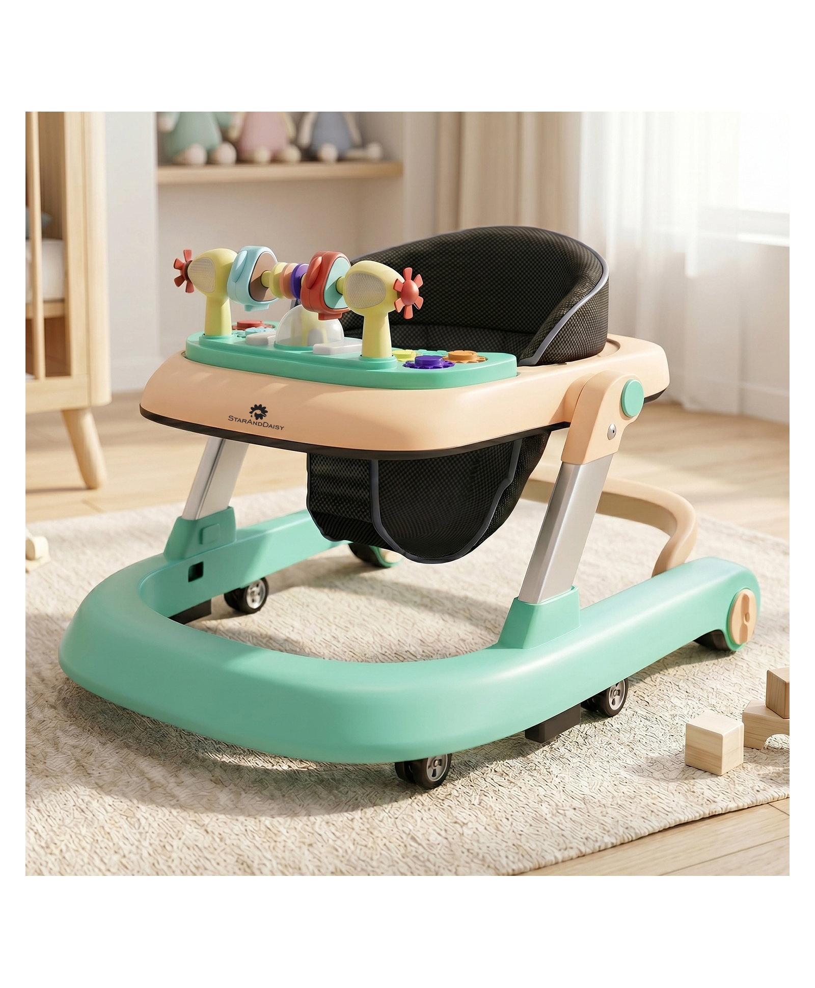StarAndDaisy Tiny Steps Musical Baby Walker, 2-in-1 Infant & Baby Activity Walker Detachable Toys Tray, Seated or Walk-Behind, Sea Green-picture-32