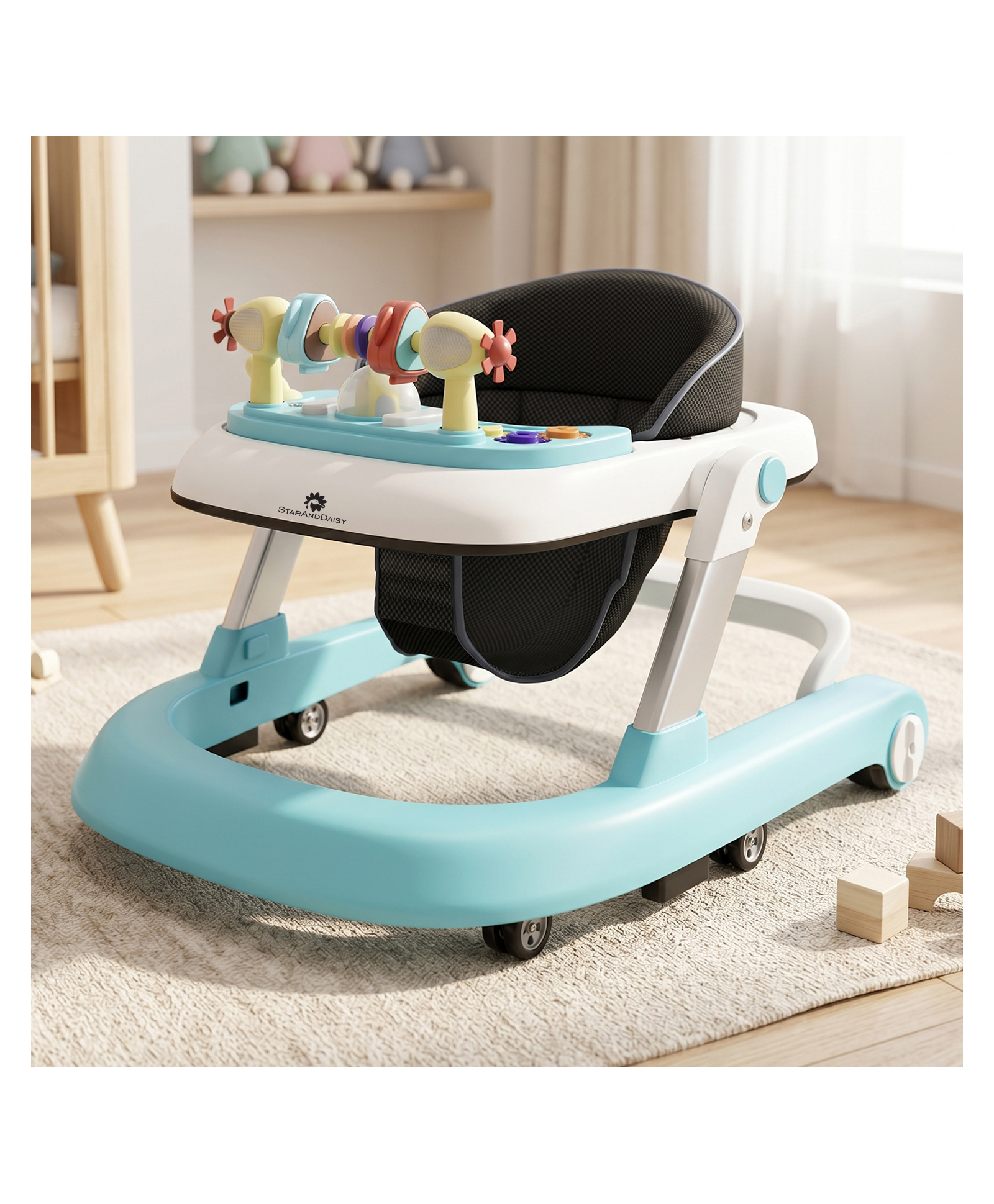 StarAndDaisy Tiny Steps Musical Baby Walker, 2-in-1 Infant & Baby Activity Walker Detachable Toys Tray, Seated or Walk-Behind, Sky Blue-picture-12