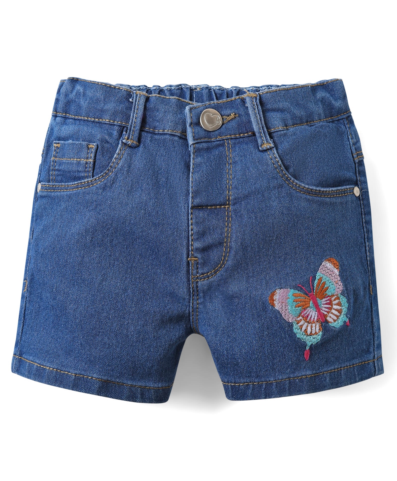 Babyhug Denim Mid Thigh shorts With Butterfly Embriodery - Blue