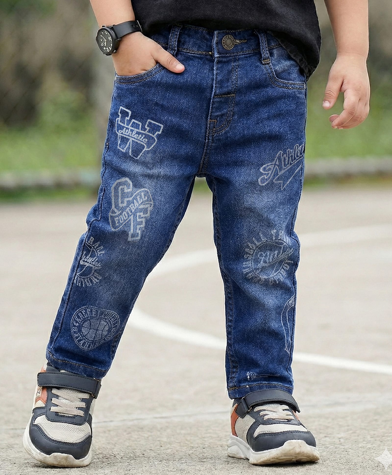Babyhug Denim Full Length Washed Jeans With Stretch & Sports Theme Print - Navy Blue-picture-22