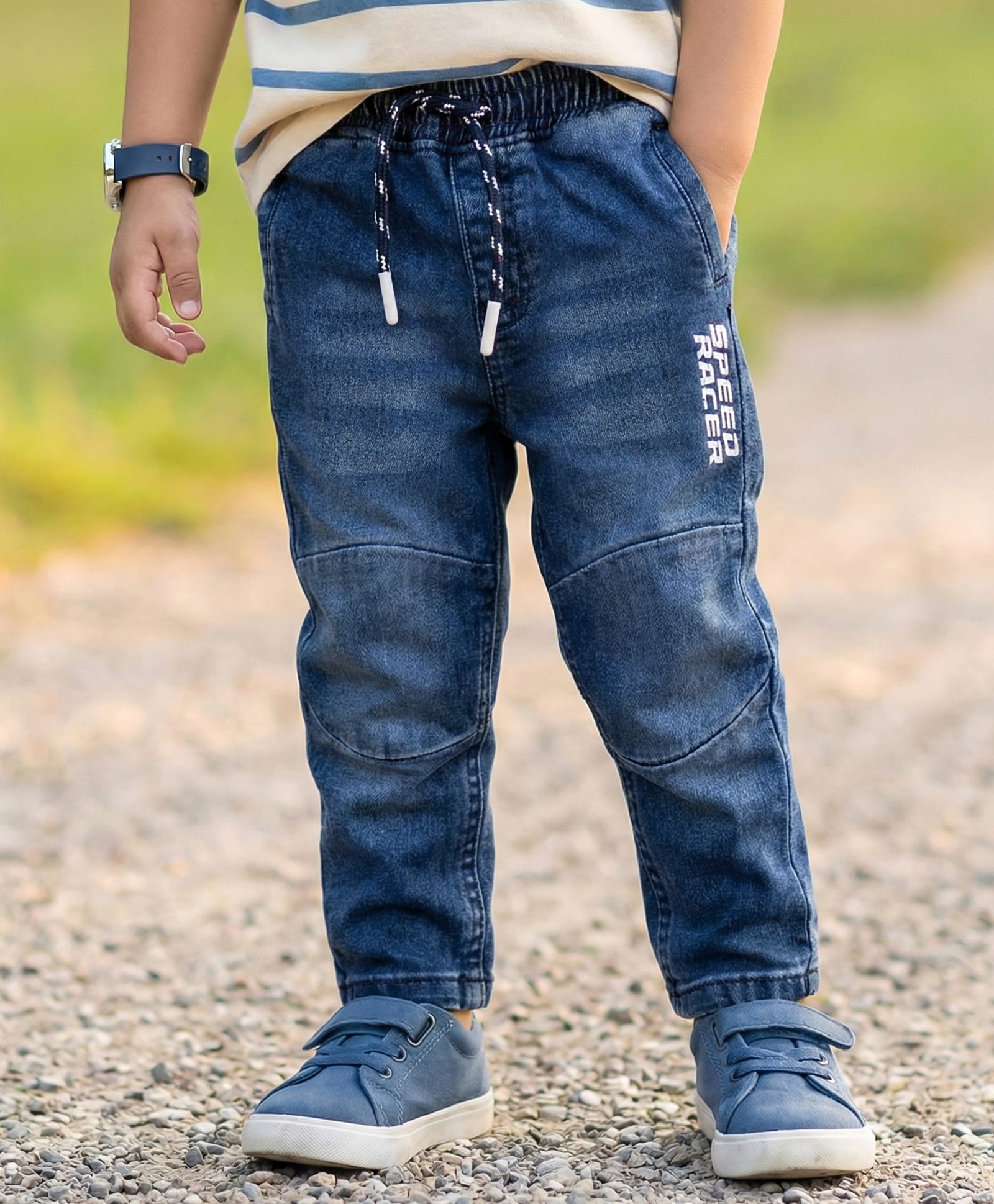 Babyhug Denim Full Length Washed Cut & Sew Jeans With Text embroidery & Stretch - Blue-picture-19