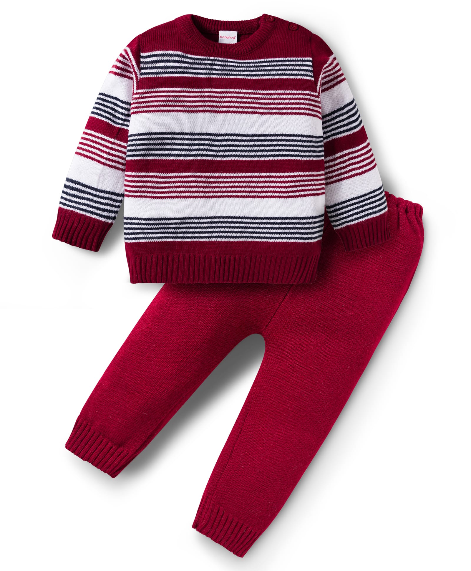 Babyhug Knit Full Sleeves Striped Pullover Sweater Set - Maroon-image-17