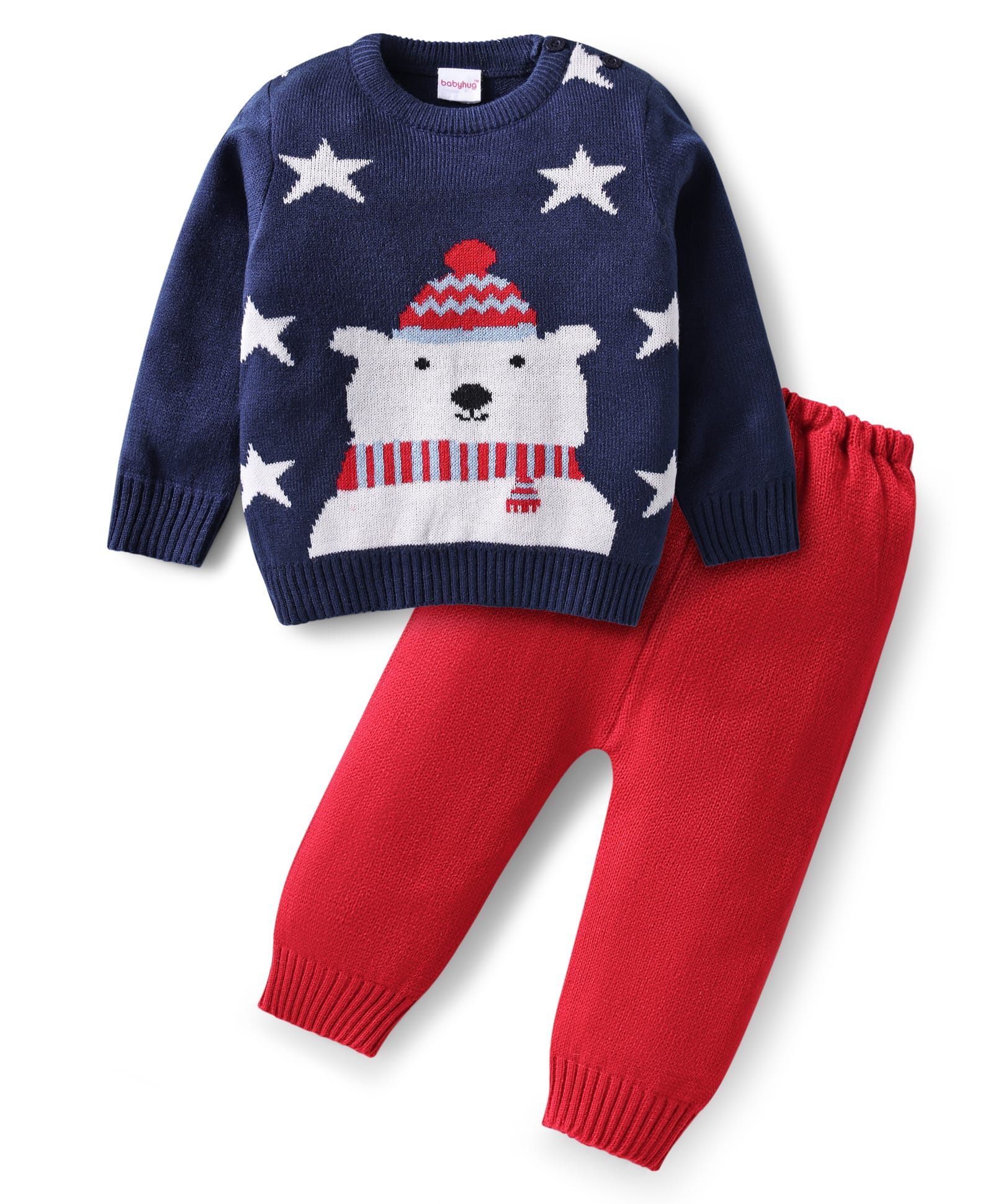 Babyhug Knitted Full Sleeves Sweater Set With Polar Bear & Star Design - Navy Blue & Red-image-46