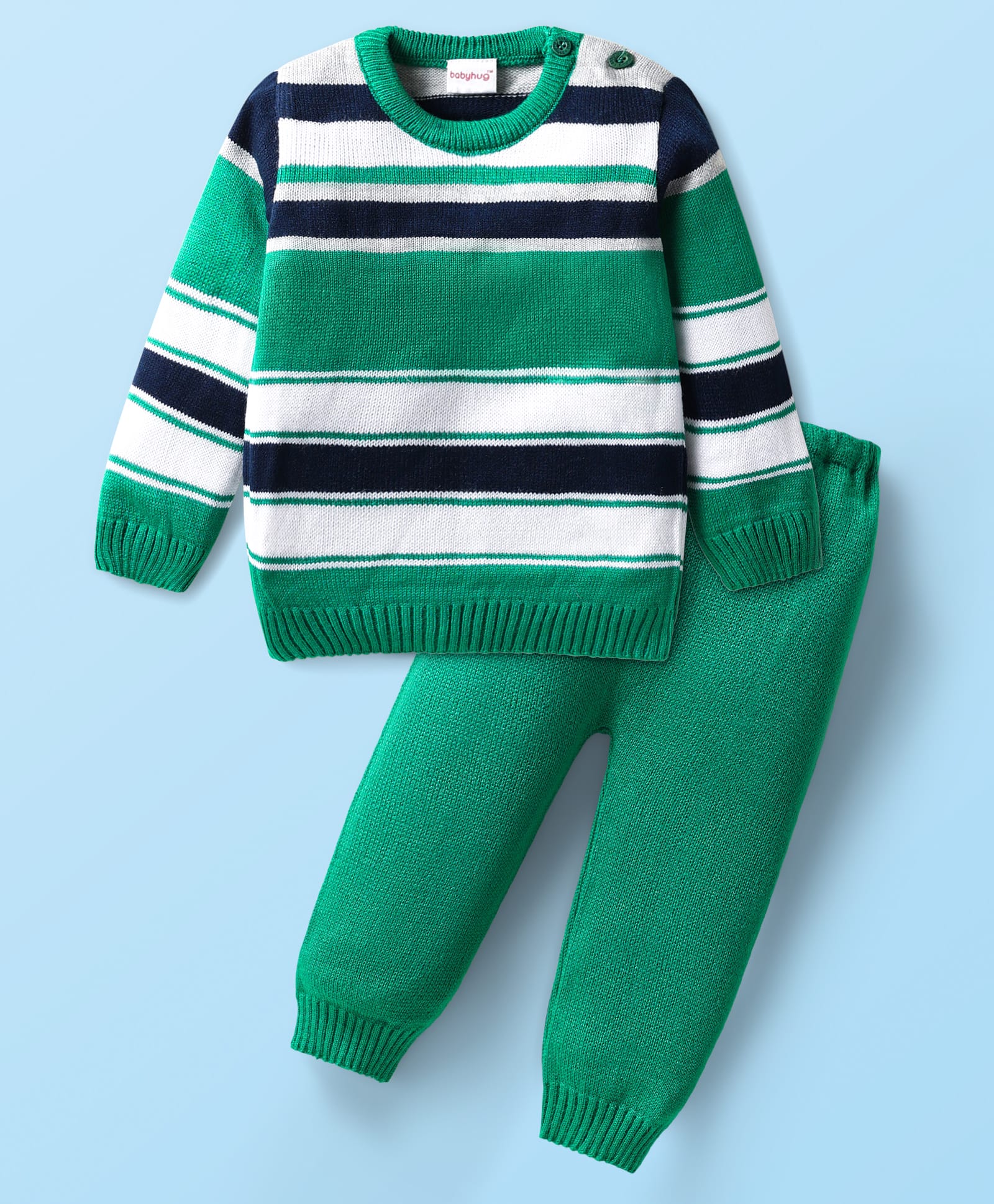 Babyhug Knitted Full Sleeves Striped Sweater Set - Green-picture-26