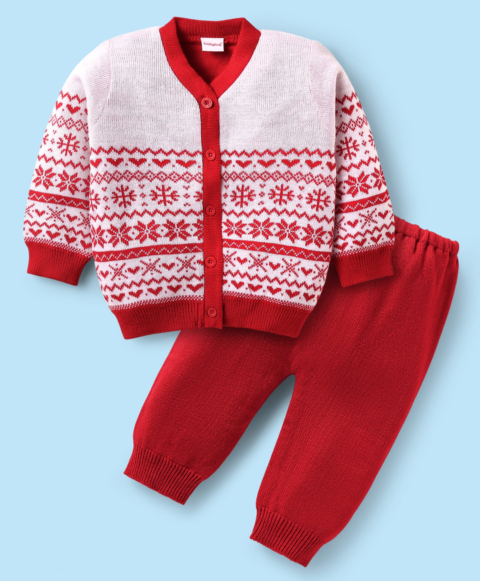 Babyhug Knitted Full Sleeves Front Open Sweater Set With Aztec Design - Red & White-image-20