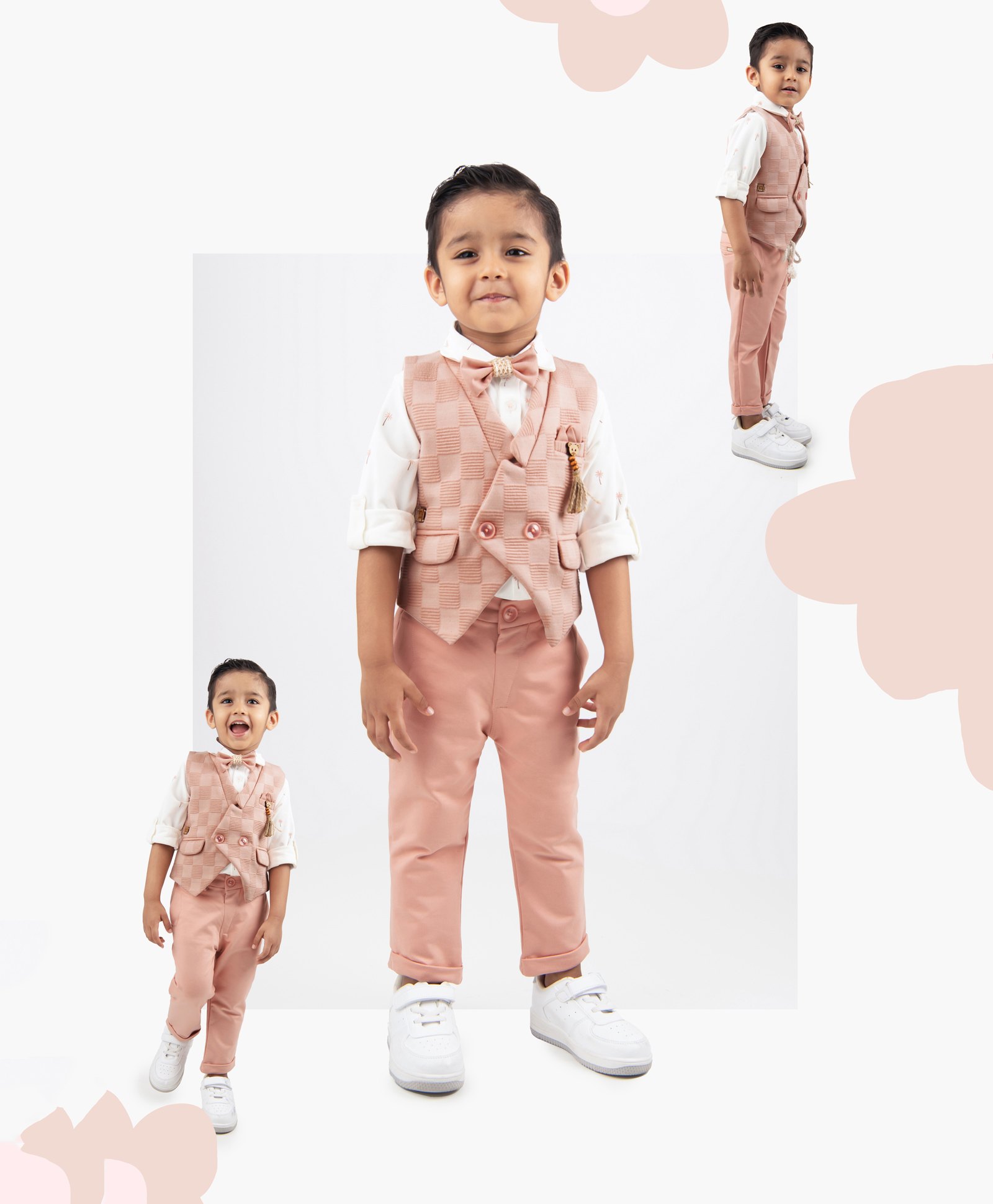 LITTLE COLLARS Cotton Full Sleeves Palm Trees Shirt With Checked Waistcoat Pant Bow Set - Peach-picture-18