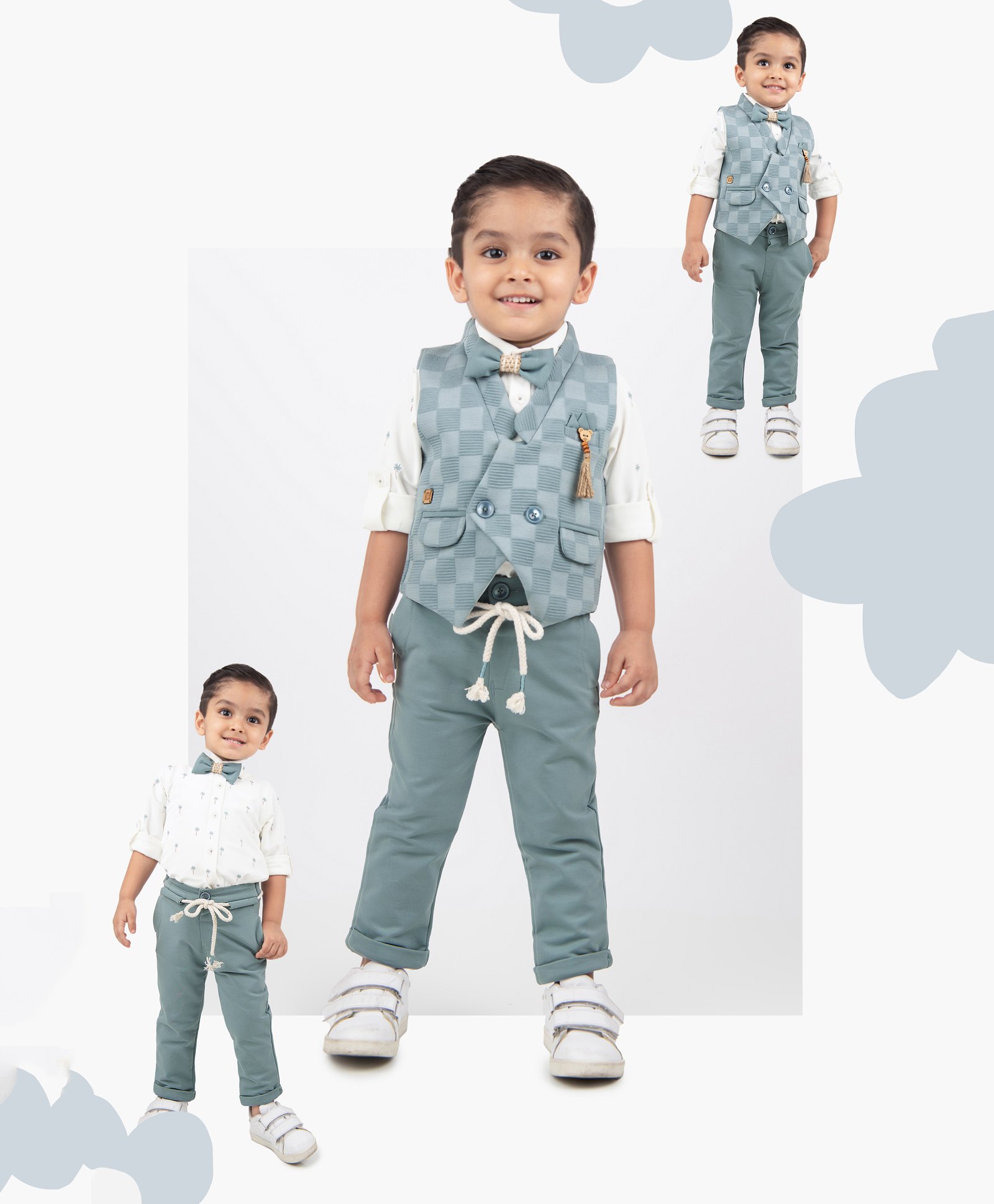 LITTLE COLLARS Cotton Full Sleeves Palm Trees Shirt With Checked Waistcoat Pant Bow Set - Sky Blue-picture-21
