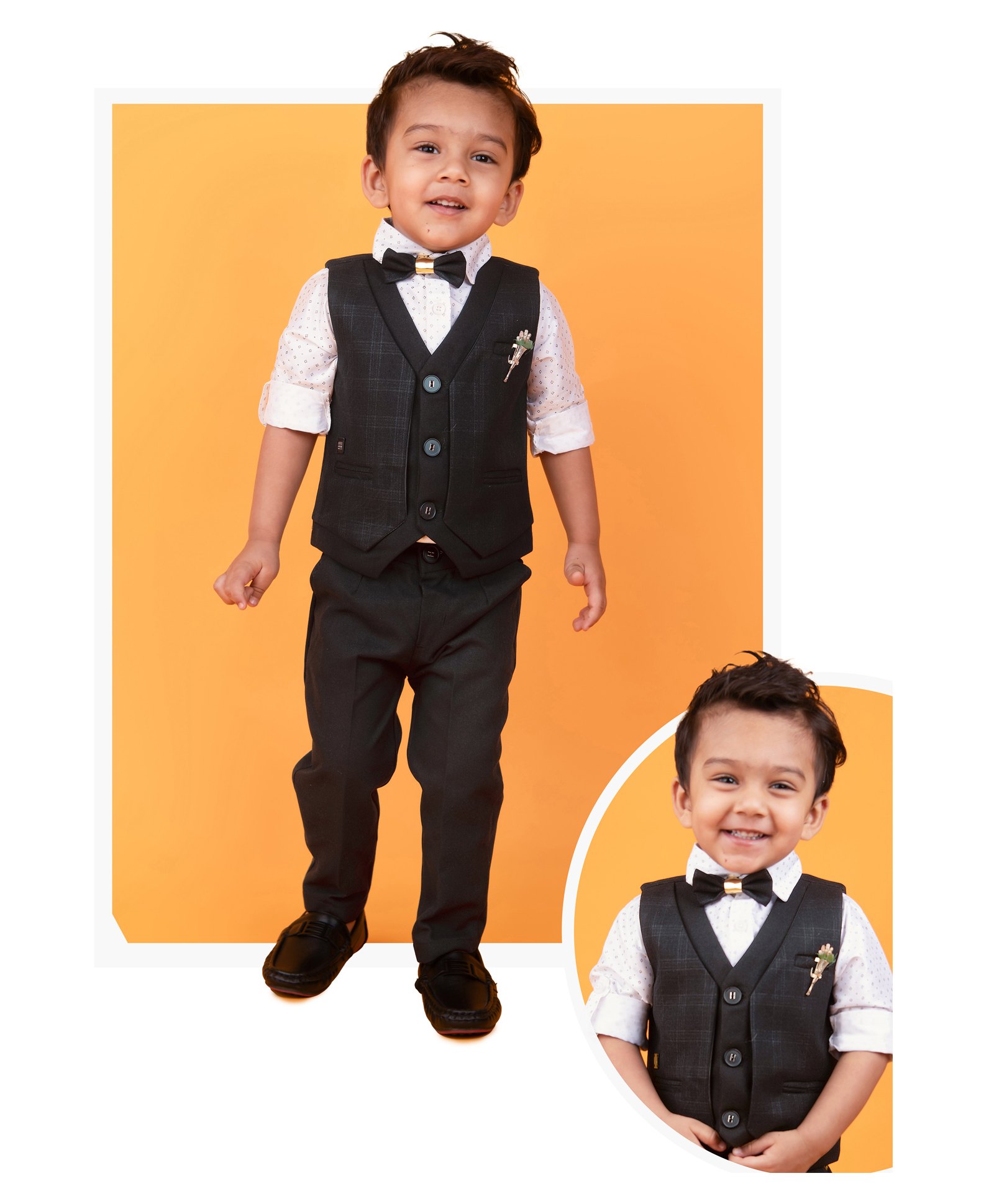 LITTLE COLLARS Full Sleeves Checked & Geometric Printed 3 Piece Party Suit Set With Bow - Black-picture-11