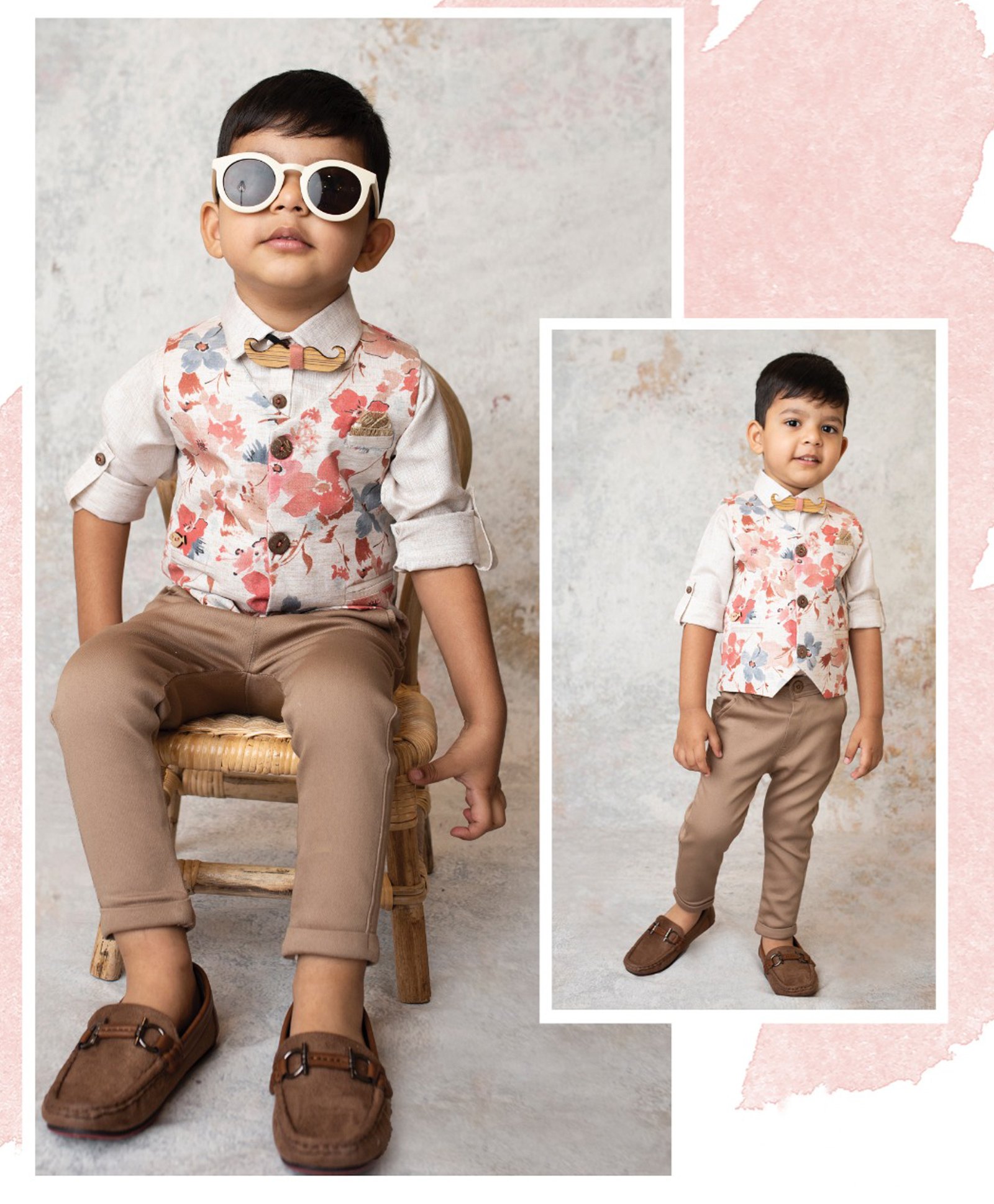 LITTLE COLLARS Blended Full Sleeves Floral Printed 3 Piece Party Suit With Attached Mustache Bow Set - Peach-image-19