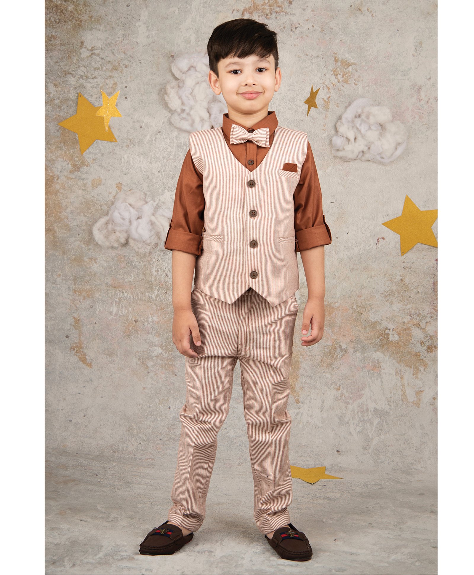 LITTLE COLLARS Cotton Full Sleeves Striped 3 Piece Party Suit With Bow Set - Rust-picture-19