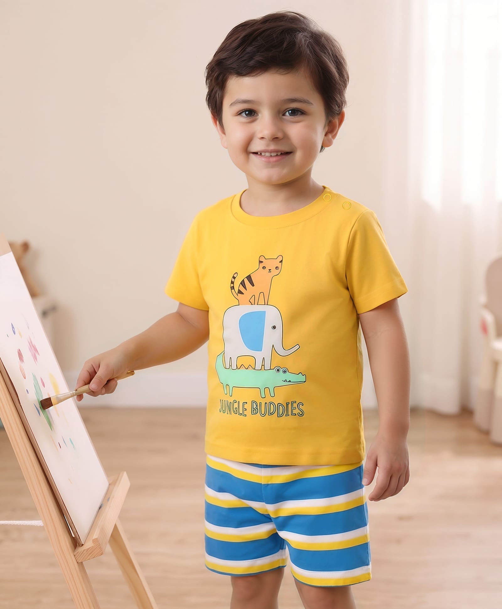 Babyhug Cotton Knit Half Sleeves Shorts Night Suit With Animal Print - Yellow & Blue-image-40