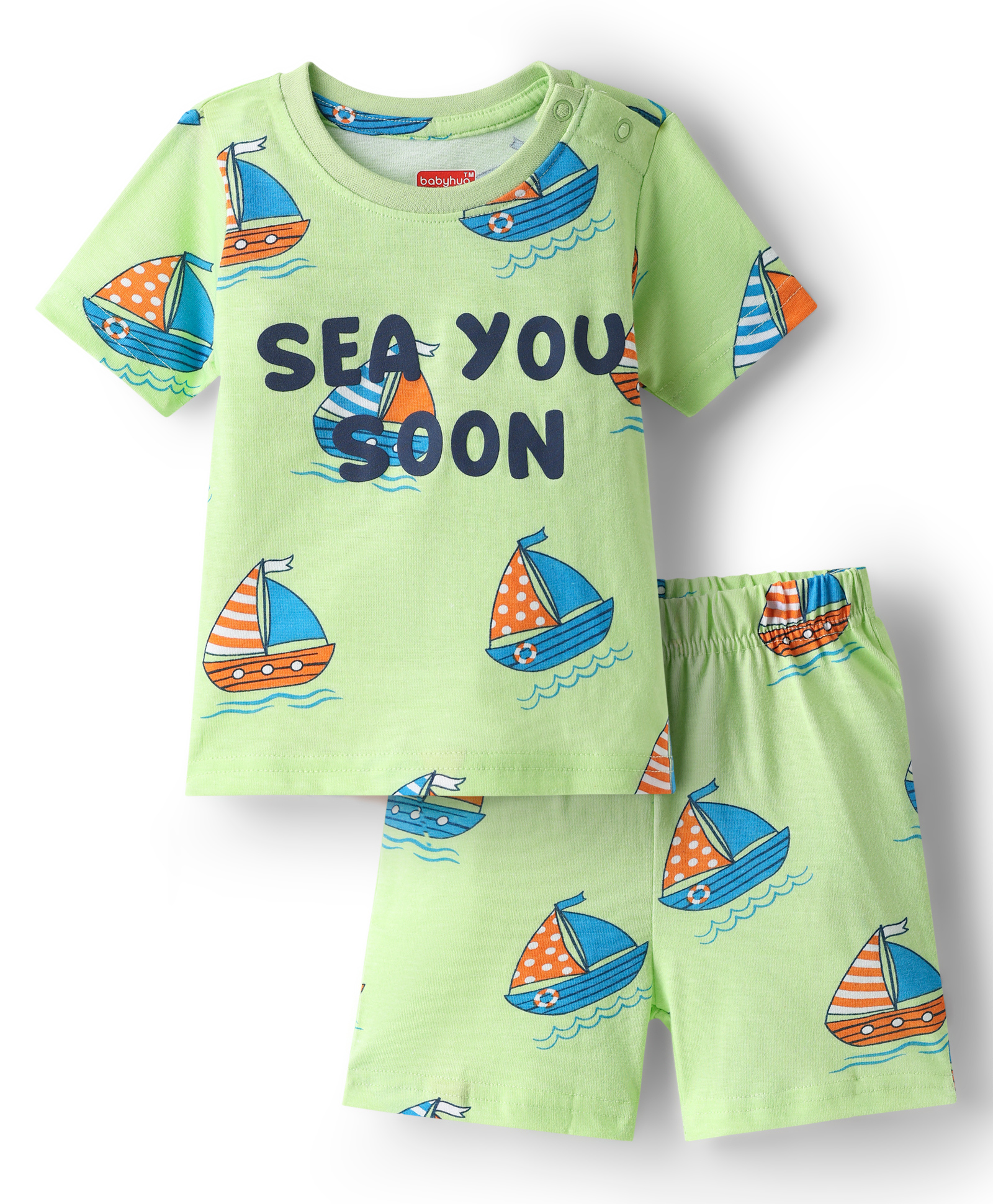 Babyhug Cotton Knit Half Sleeves Shorts Co-Ord Night Suit With Boat Print - Light Green-image-24