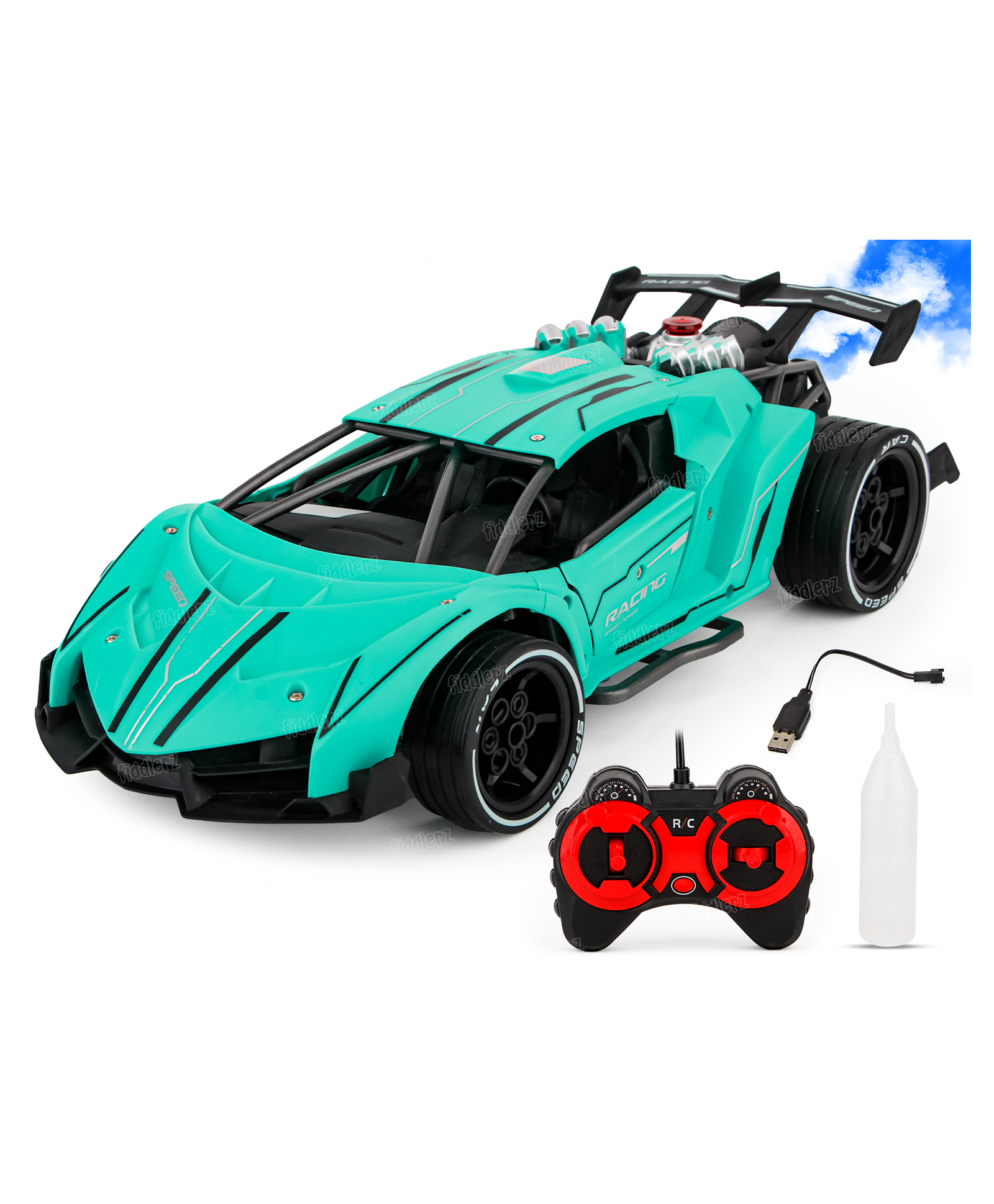 Fiddlerz Remote Control Car for Kids with LED Light Mist Spray Controller High Speed Racing Car 1:12 Scale Full Function Forward Reverse Turn RC Car for Boys and Girls Age 4+ (Green)-picture-20