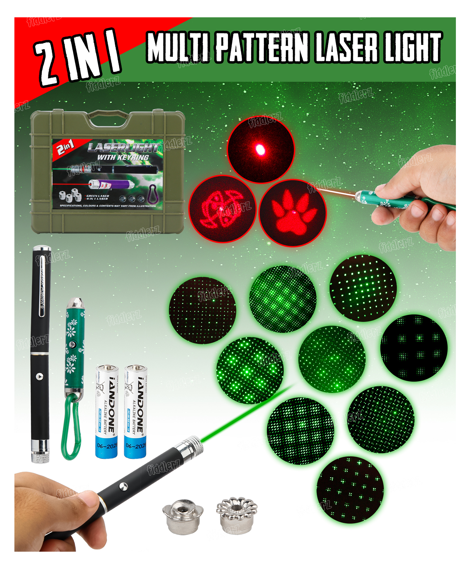 Fiddlerz 2 in 1 Laser Light Pointer Pen Set with Multiple Pattern Heads Green and Red Beam Portable Presentation Pointer with Carrying Case (Batteries Included)-image-1