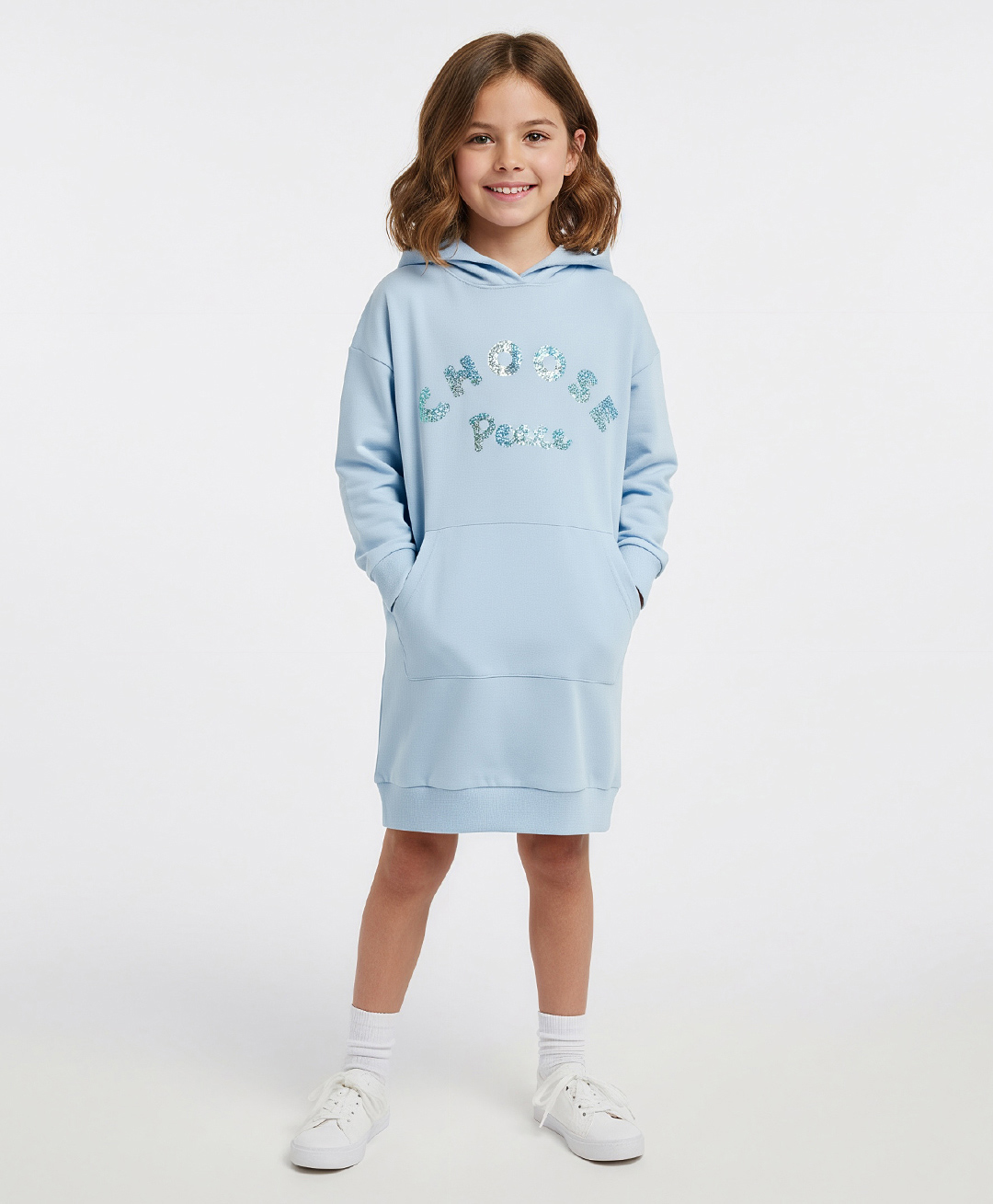Primo Gino 100% Cotton French Terry Full Sleeves Oversized Hooded Sweatshirt Dress with Sequin Embroidery & Kangaroo Pocket - Light Blue-picture-16