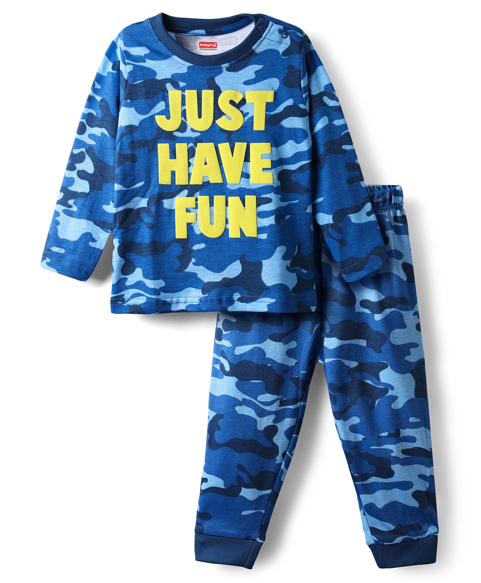 Babyhug Cotton Knit Full Sleeves Co-Ord Night Suit With Text & Camouflage Print - Blue-image-31
