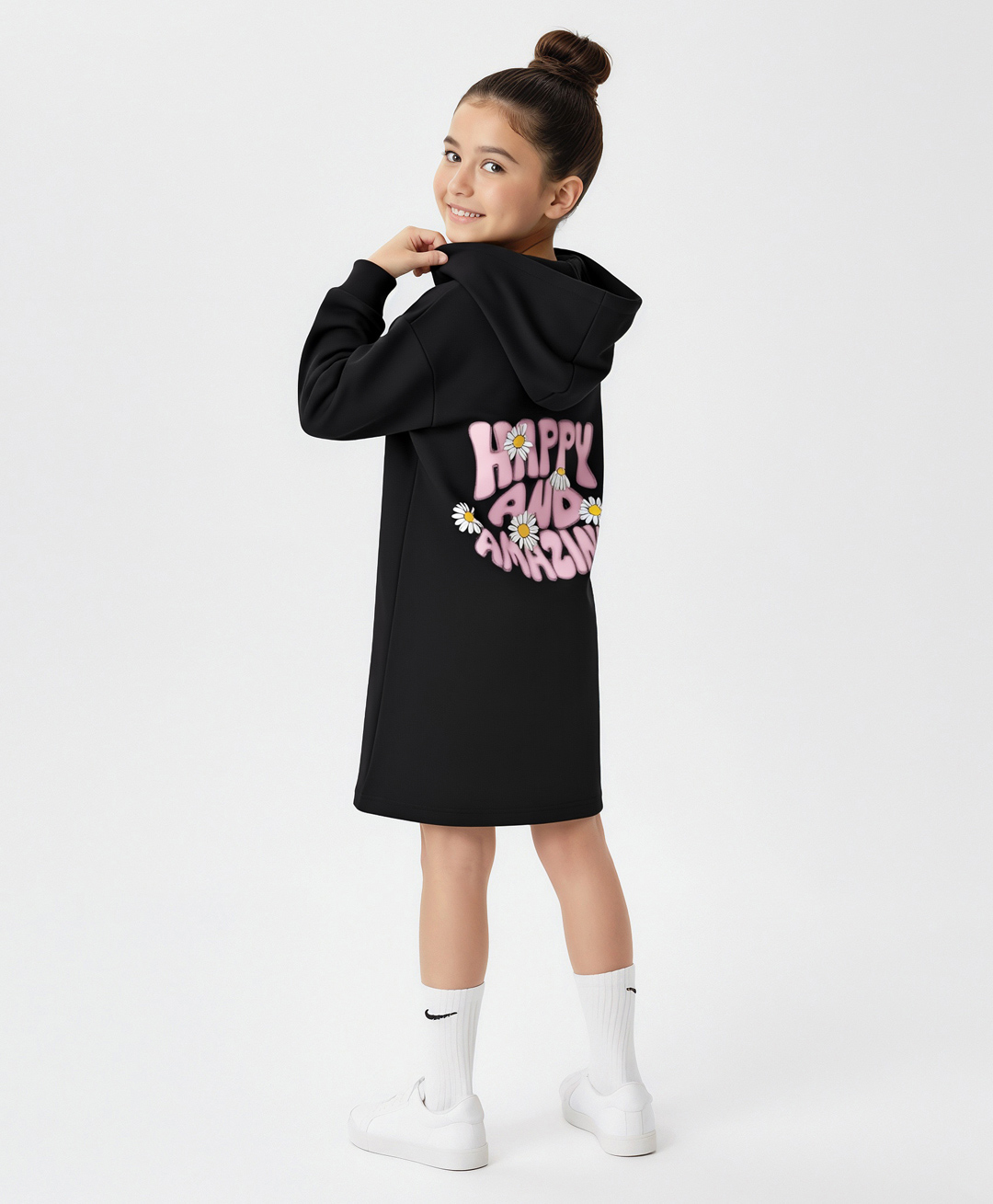 Primo Gino 100% Cotton French Terry Full Sleeves Oversized Hooded Sweatshirt Dress with Front & Back Text Graphic - Black-picture-18