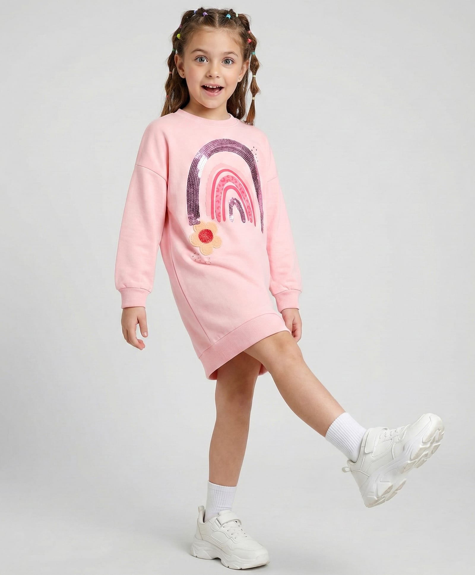 Primo Gino 100% Cotton French Terry Knit Drop Shoulder Full Sleeves Oversized Winter Frock With Sequin Embroidery - Pink-image-44