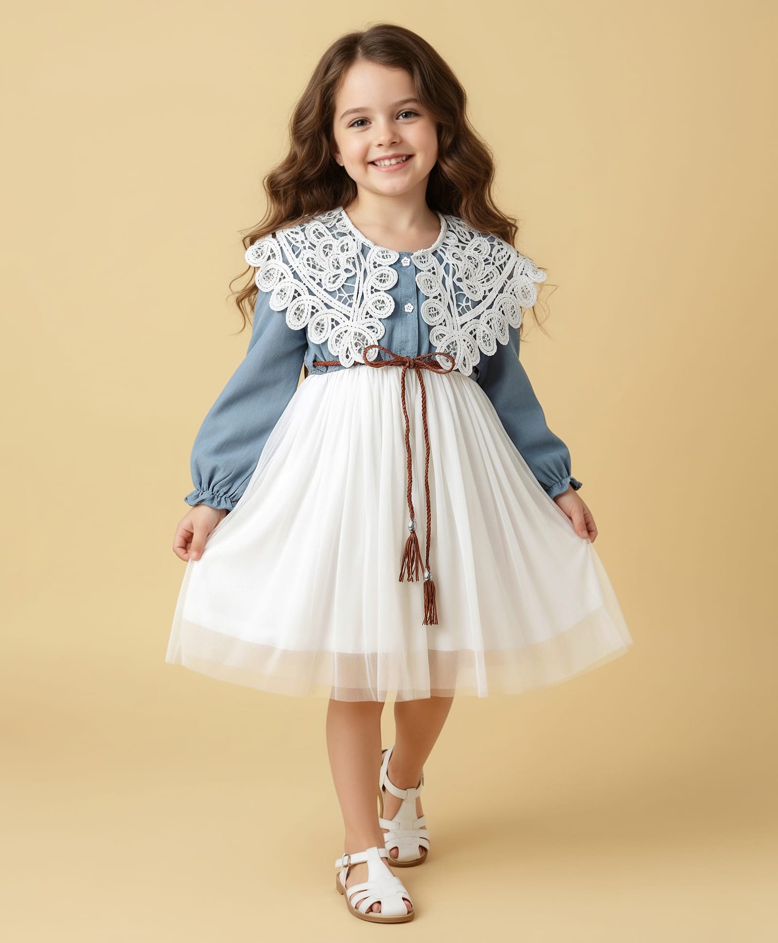 Mark & Mia Knit Full Sleeves Mesh Party Dress with Lace Detailing - Light Blue & White-image-19