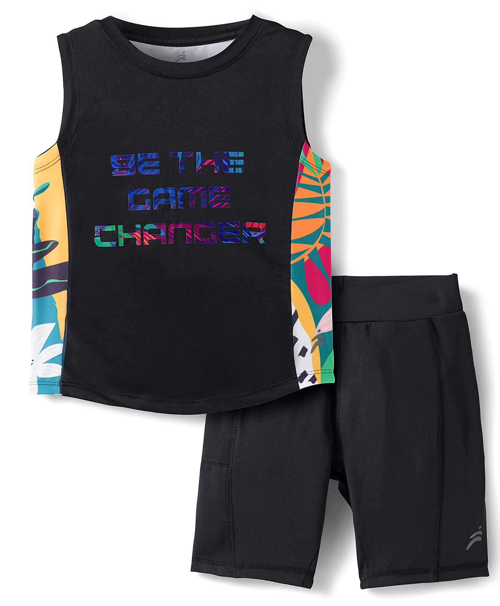 Pine Active Knit Sleeveless T-Shirt & Shorts Set with Be The Game Changer Text Print - Black