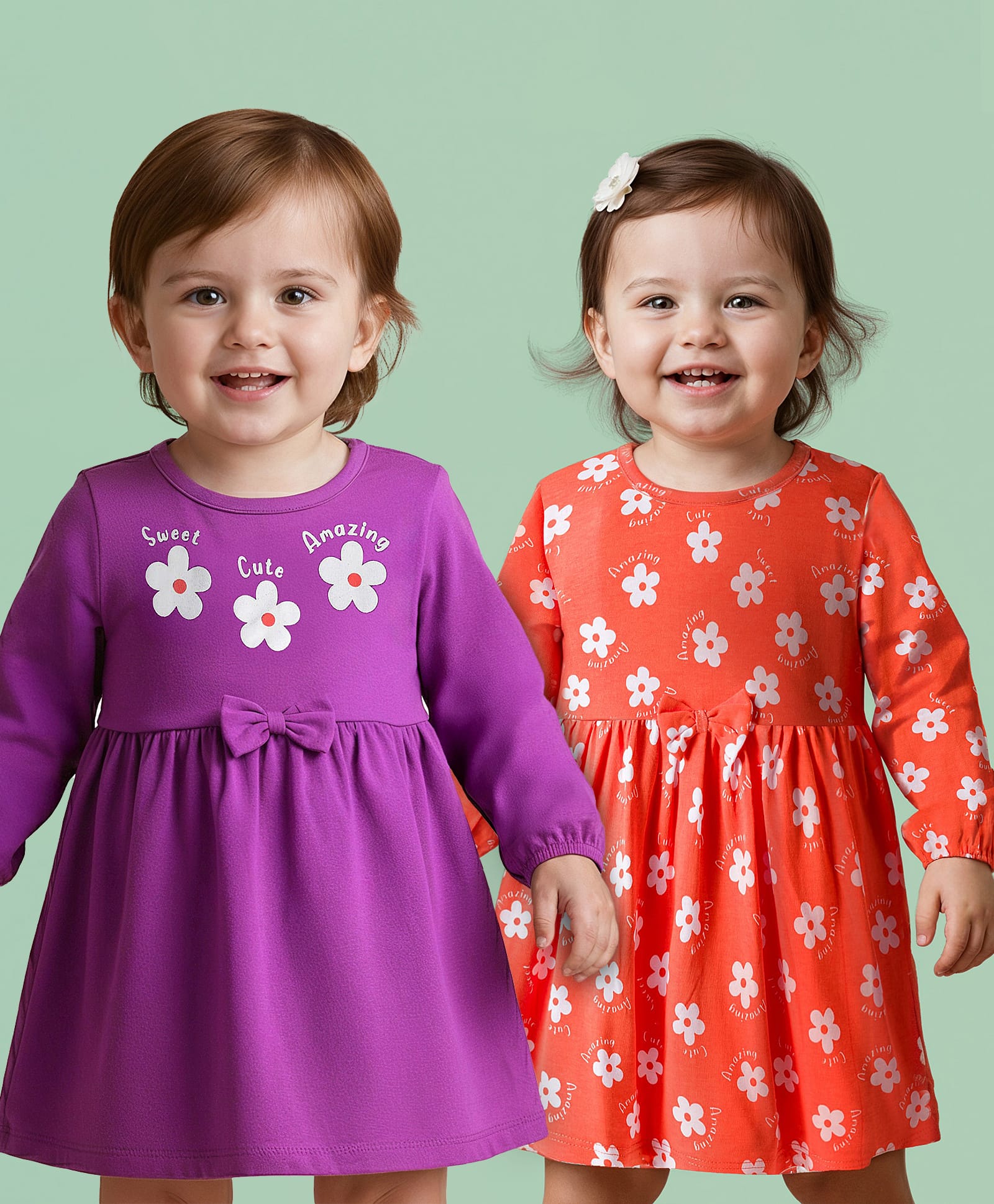 Doodle Poodle Cotton Single Jersey Knit Full Peasant Sleeves Frocks with Floral Print & Bow Applique Pack of 2 - Orange & Purple-image-48