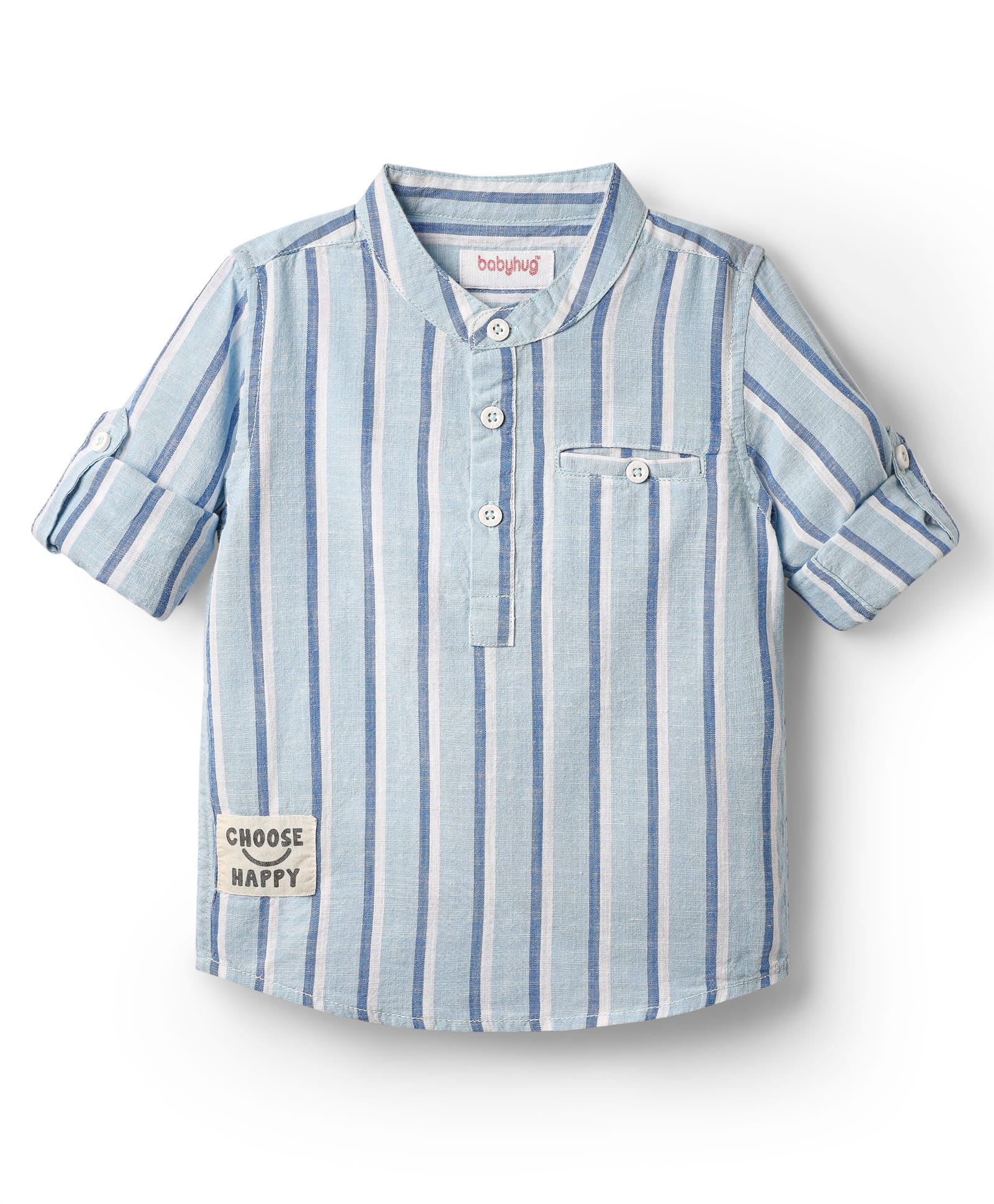 Babyhug 100% Cotton Full Sleeves Striped Shirt With Mandarin Collar - Light Blue-picture-15