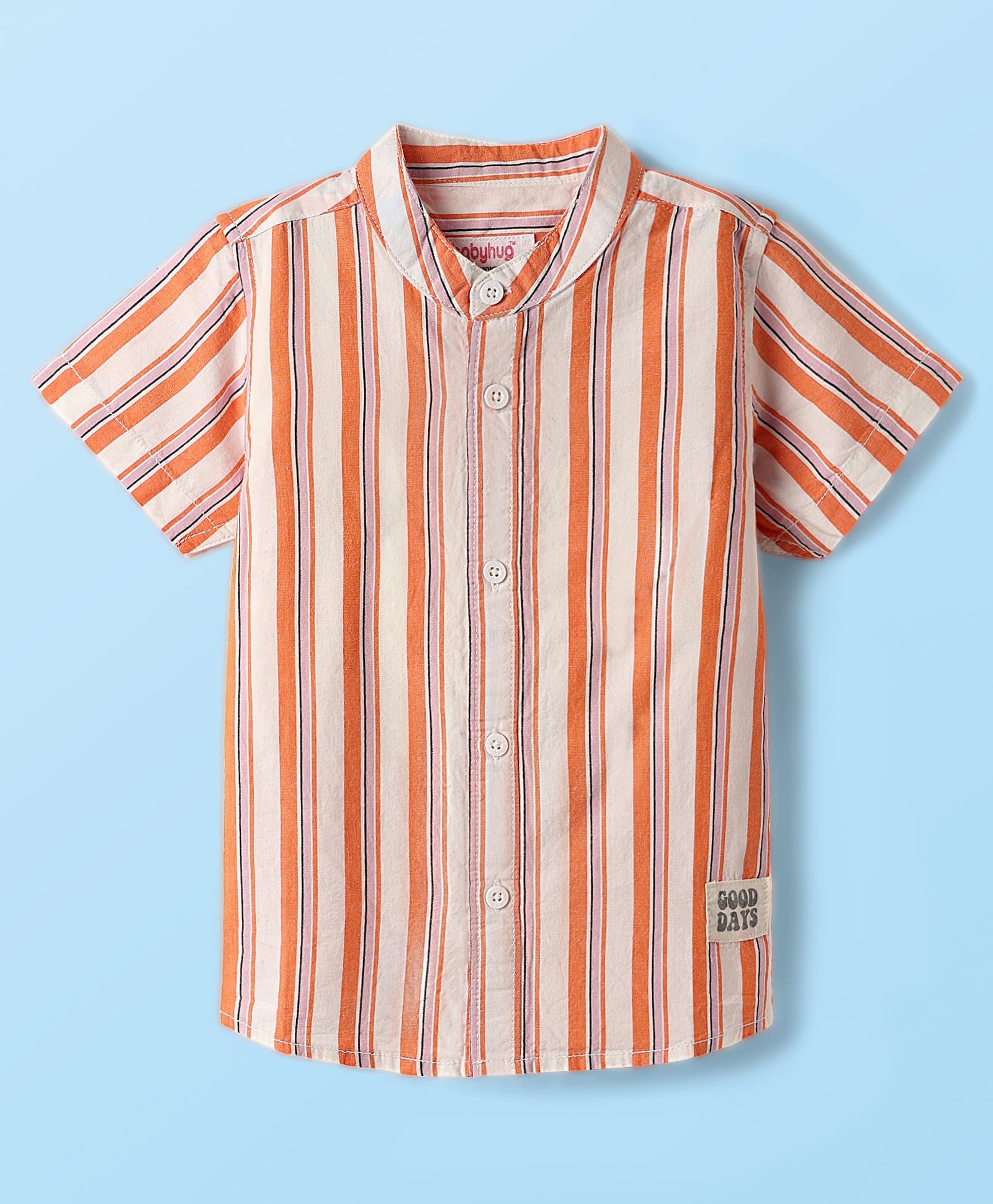 Babyhug 100% Cotton Half Sleeves Striped Shirt With Mandarin Collar - Orange & Pink-picture-10