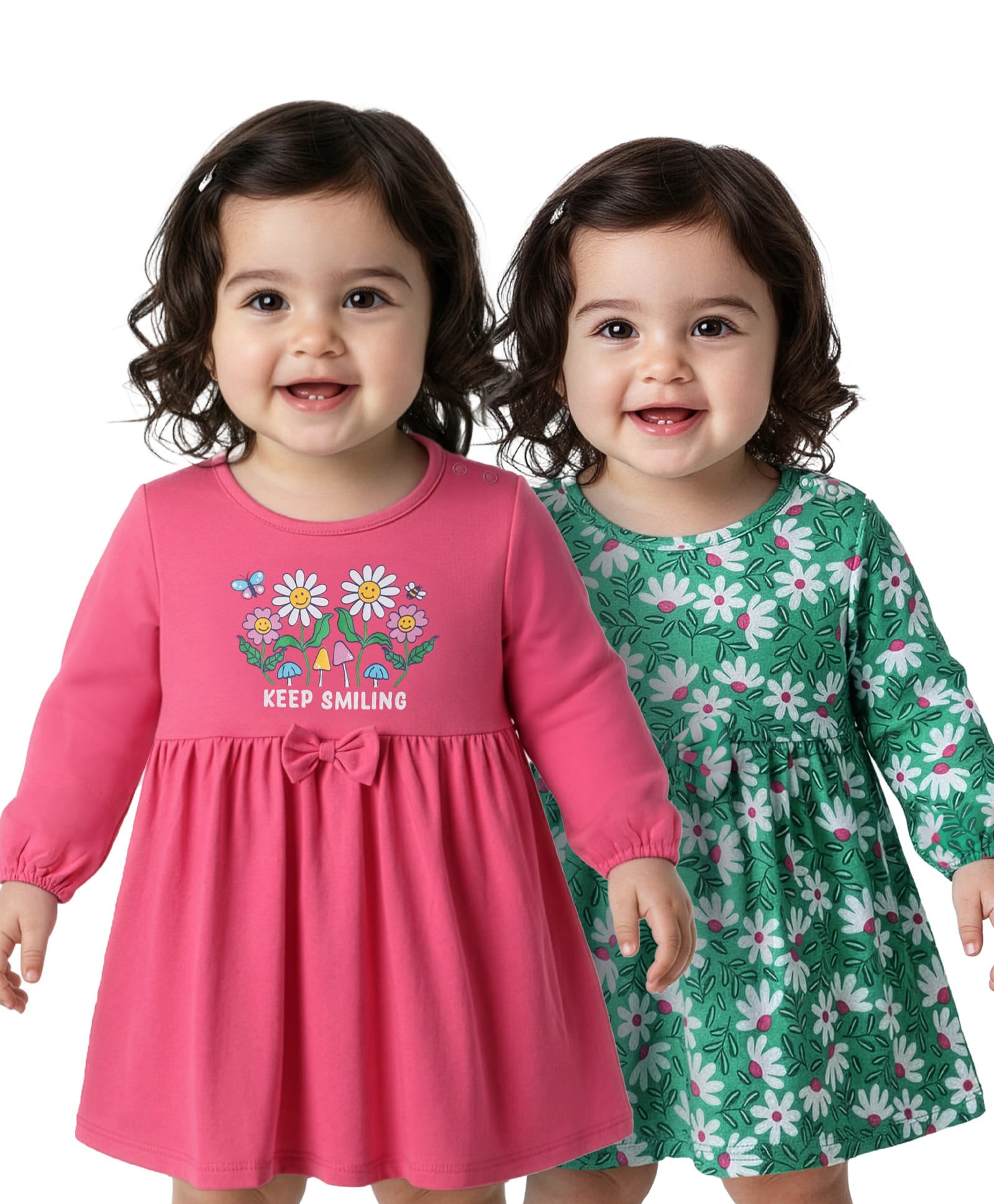 Doodle Poodle Cotton Knit Full Sleeves Frock with Floral Print & Bow Applique Pack of 2 - Dark Pink & Green-picture-33