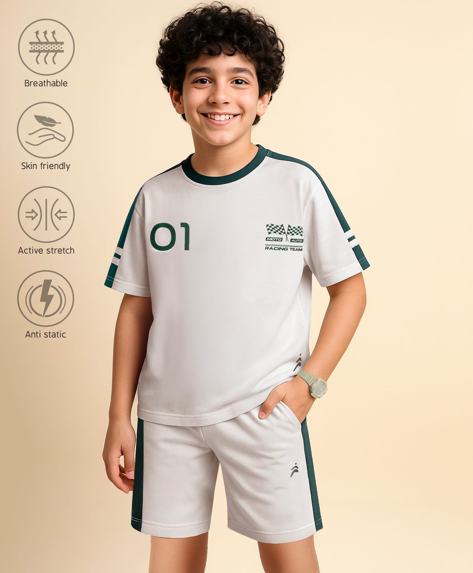 Pine Active Drop Shoulder Half Sleeves T-Shirt & Shorts Set with Racing Print - Offwhite