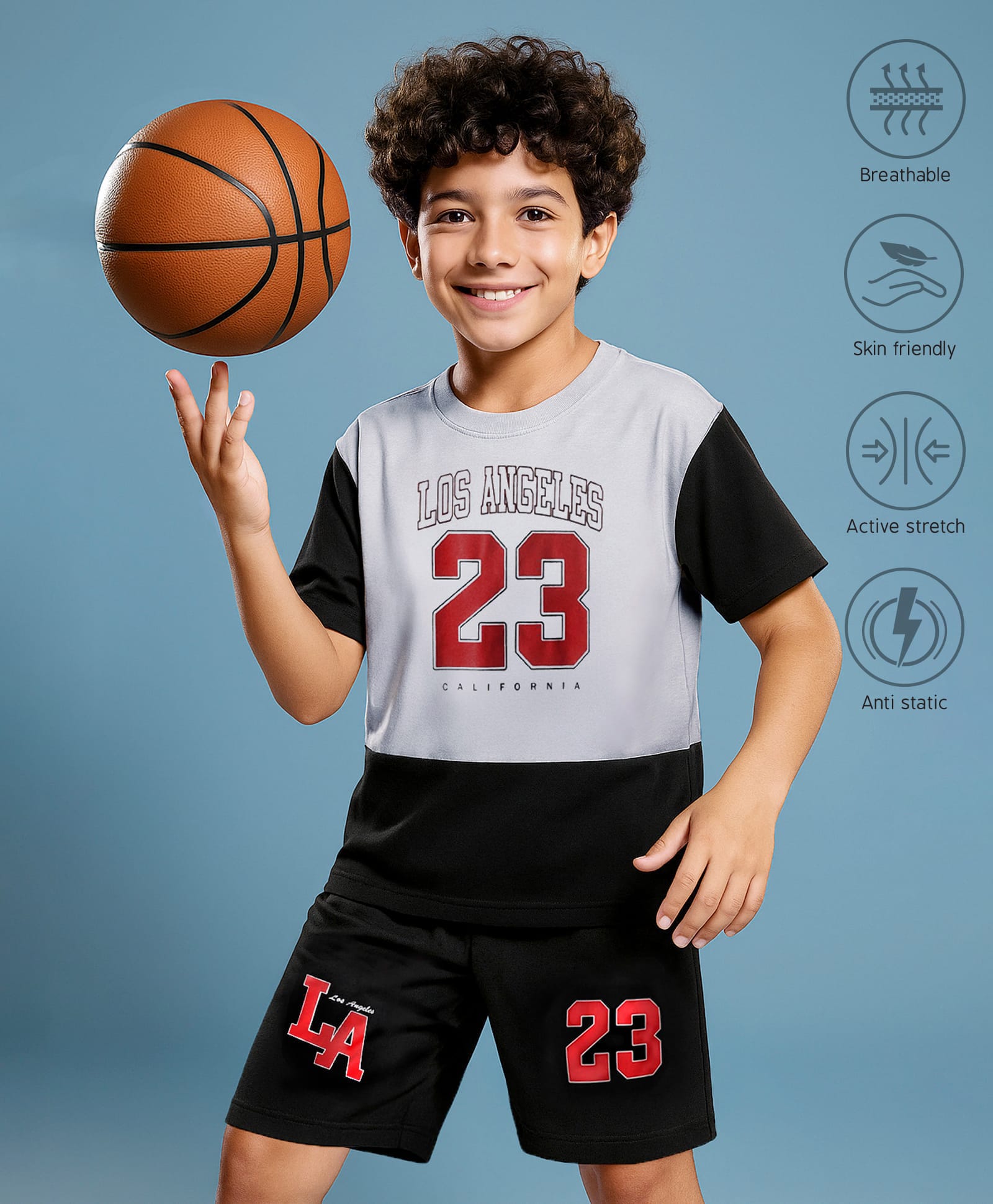 Pine Active Drop Shoulder Half Sleeves T-Shirt & Shorts Set with Los Angeles Print - Black & Offwhite