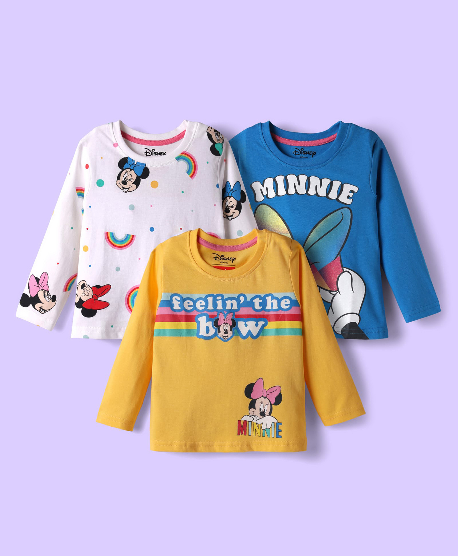 Babyhug Disney Single Jersey Knit Full Sleeve T-Shirts with Minnie Mouse Graphic Pack of 3 - Yellow White & Blue-image-15