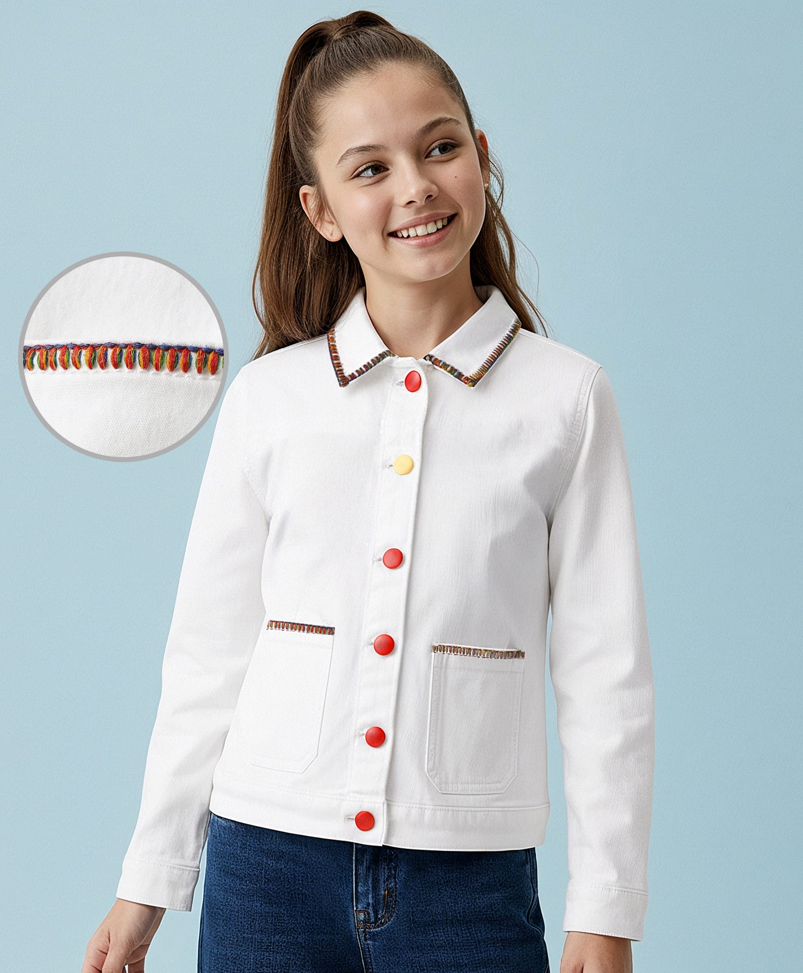 arias by lara dutta Arias Cotton Stretch Woven Full Sleeve Front Button Denim Jacket With Embroidery Detail - White-picture-39