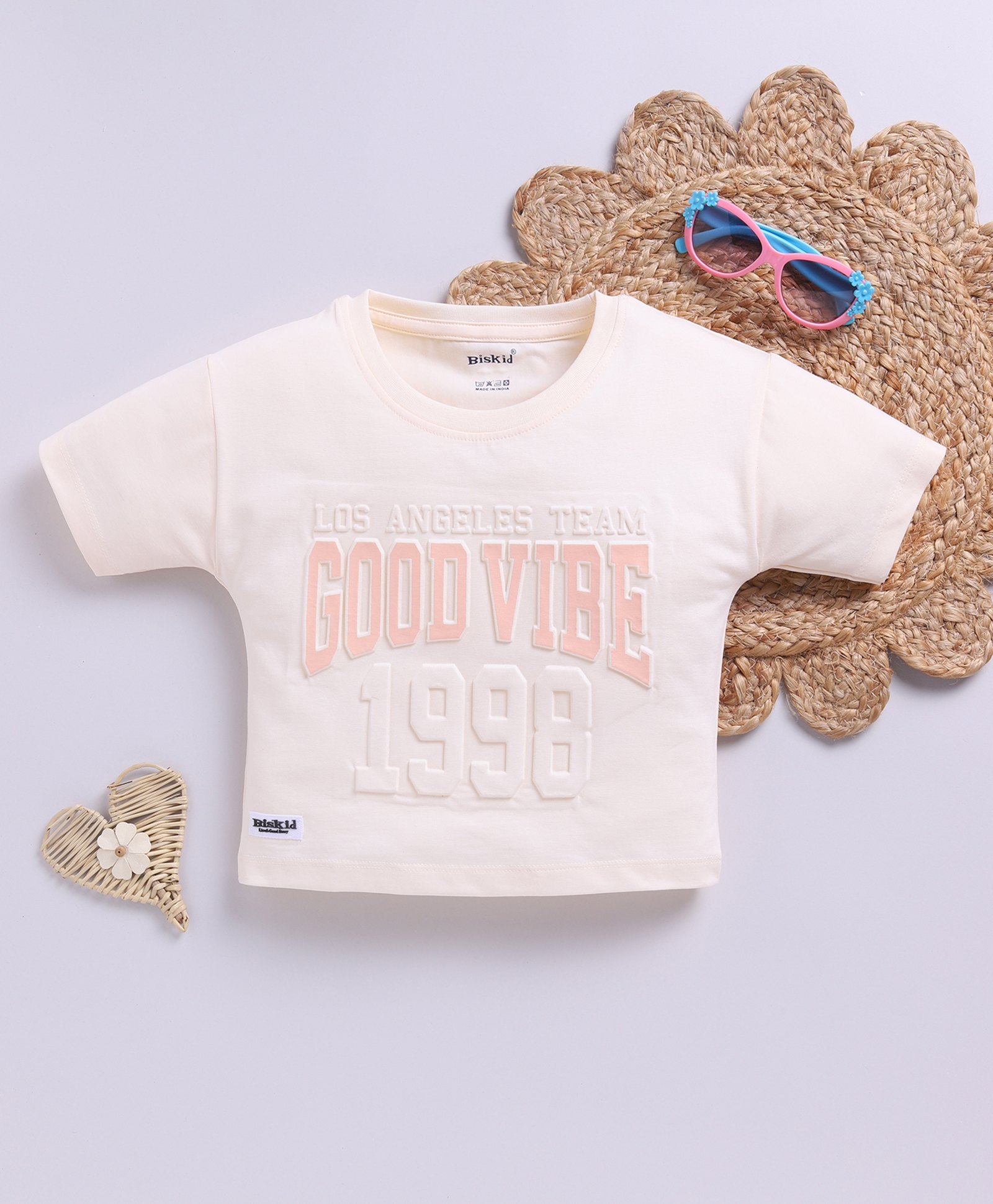 Biskid Cotton Half Sleeves Good Vibe Text Puff Printed Top - Cream-picture-42