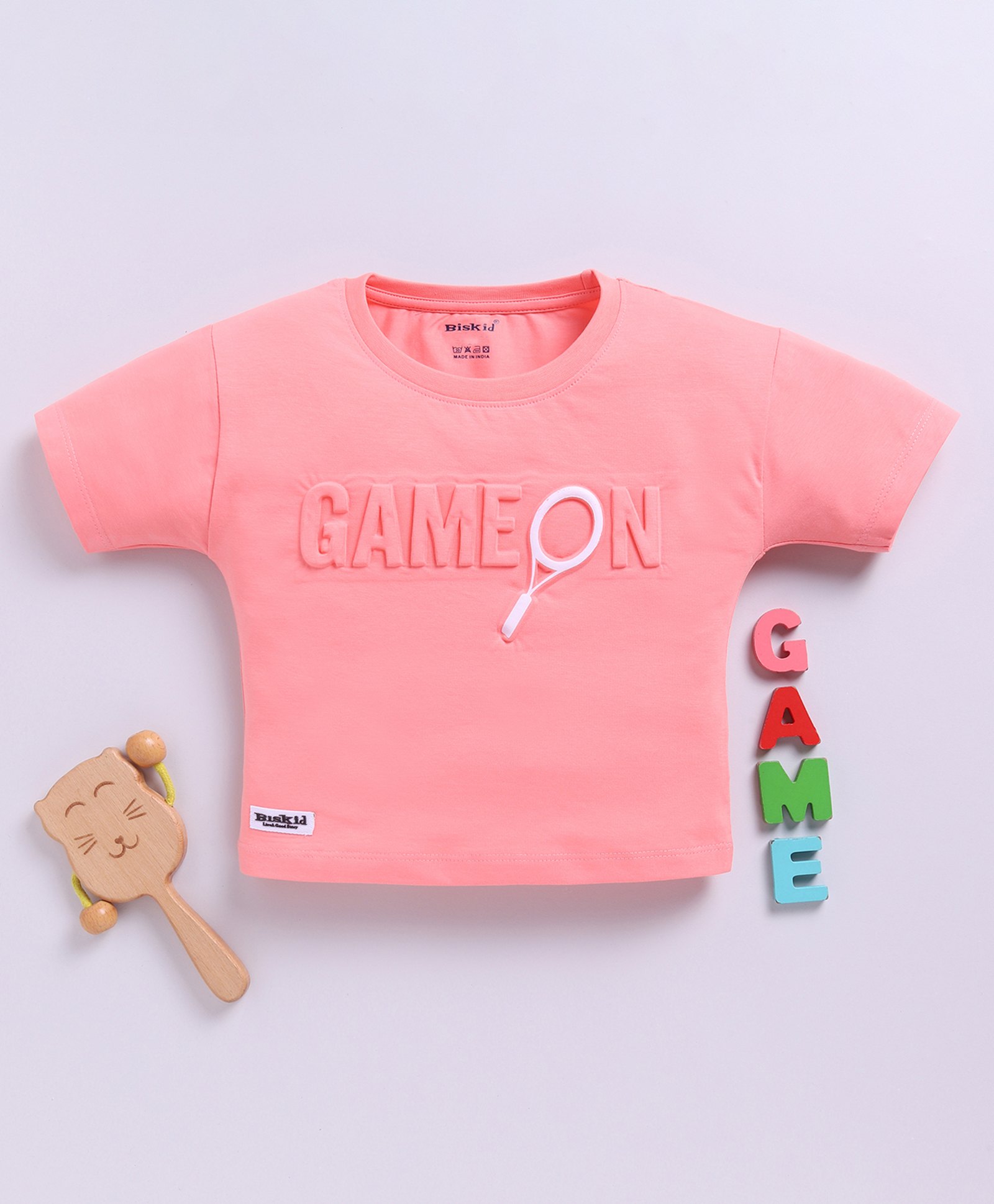 Biskid Cotton Half Sleeves Game On Text Puff Printed Top - Peach-picture-13