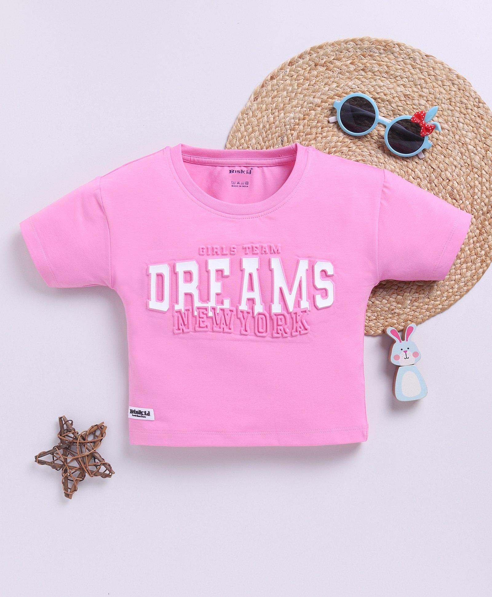 Biskid Cotton Half Sleeves Dreams Text Puff Printed Top - Pink-image-33