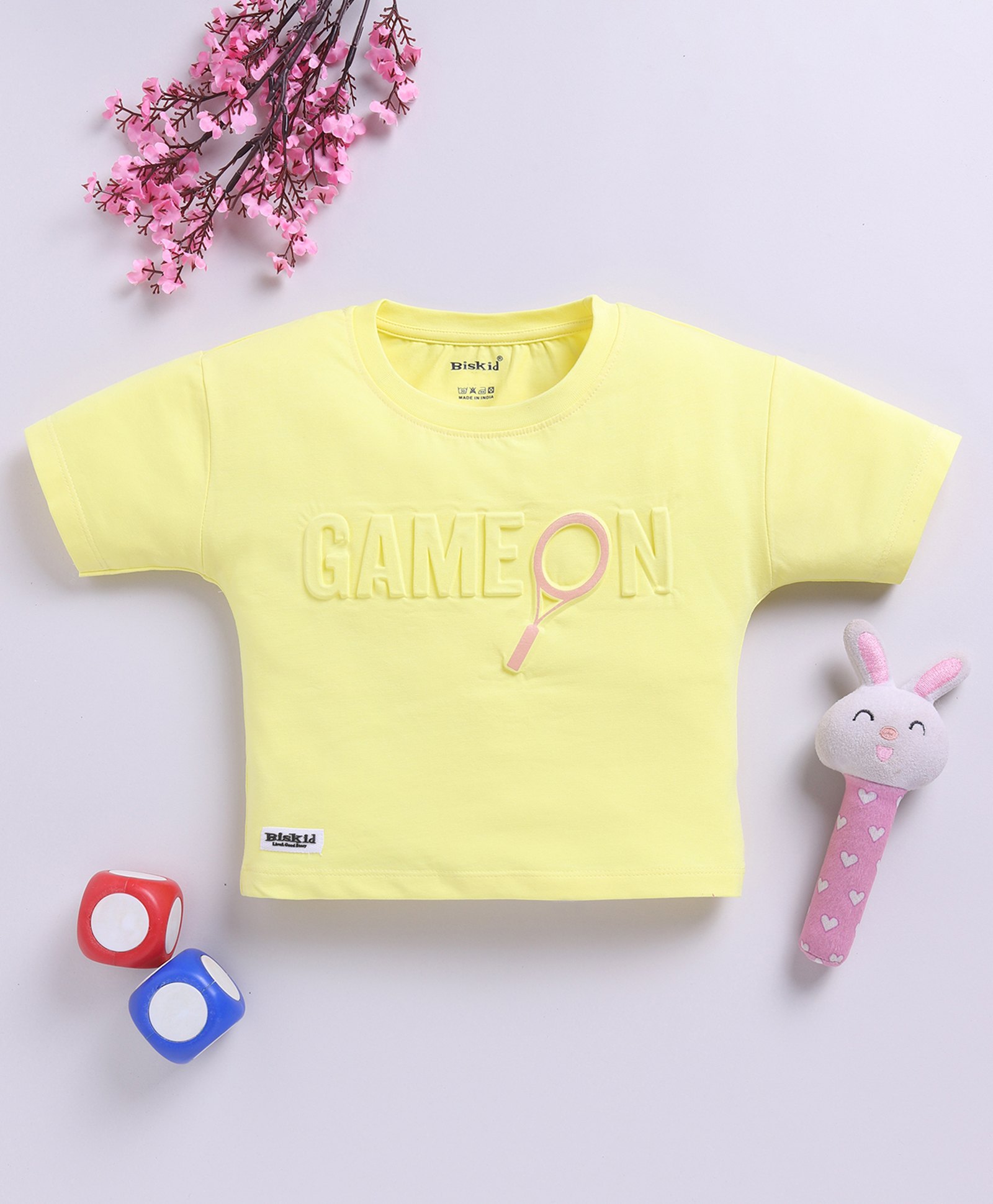 Biskid Cotton Half Sleeves Game On Text Puff Printed Top - Lemon-image-8