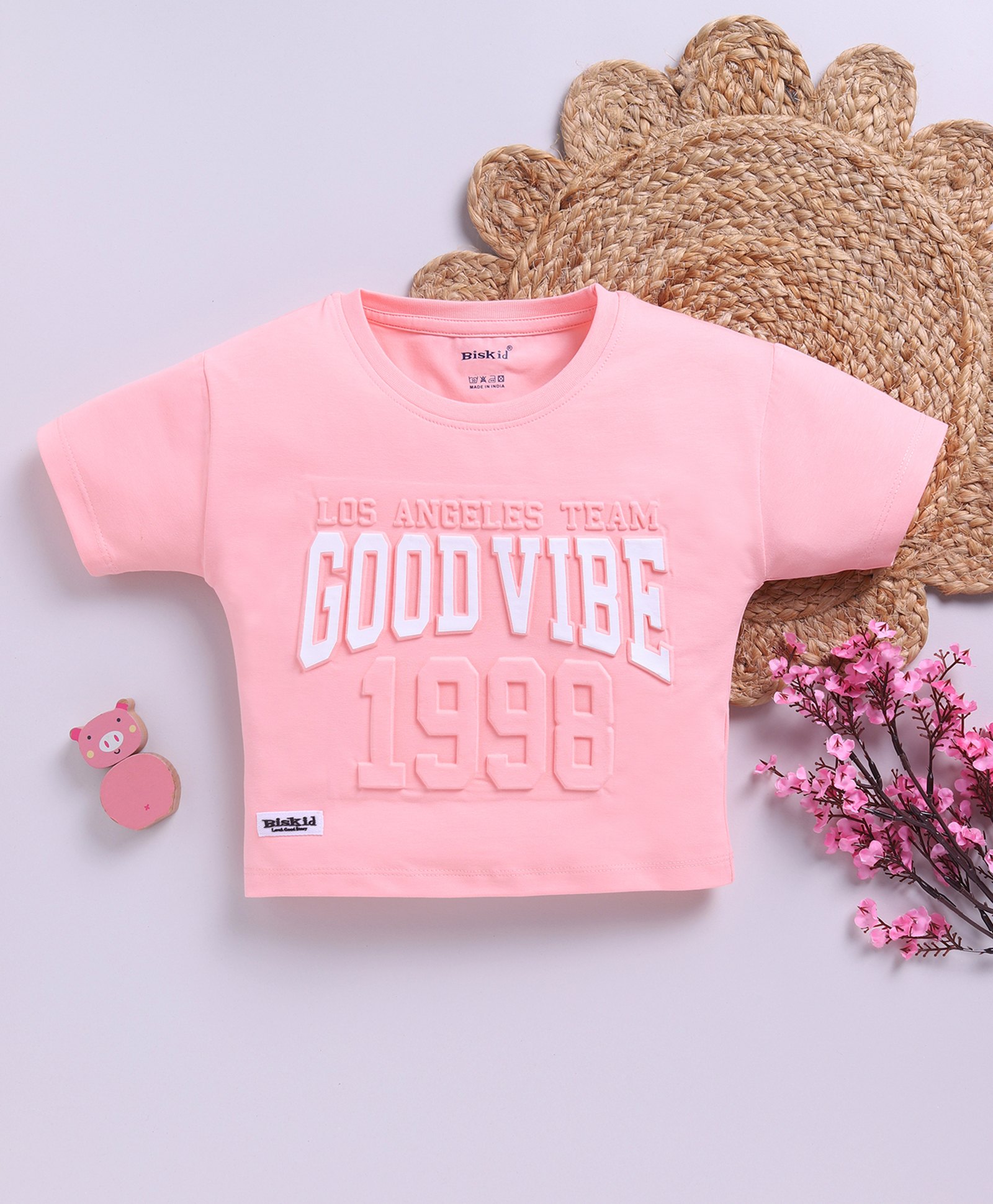 Biskid Cotton Half Sleeves Good Vibe Text Puff Printed Top - Coral-picture-5