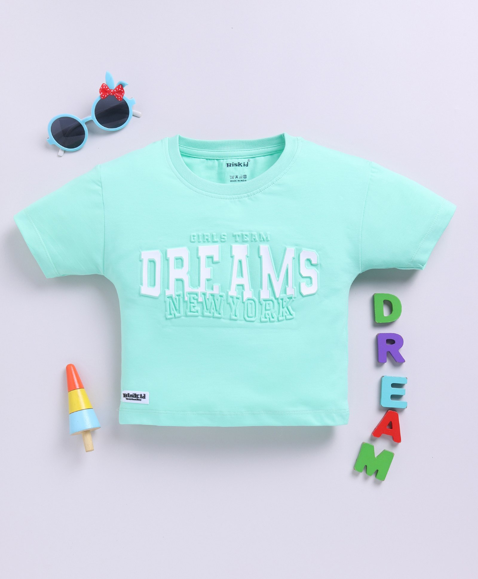 Biskid Cotton Half Sleeves Dreams Text Puff Printed Crop Top - Sea Green-picture-7