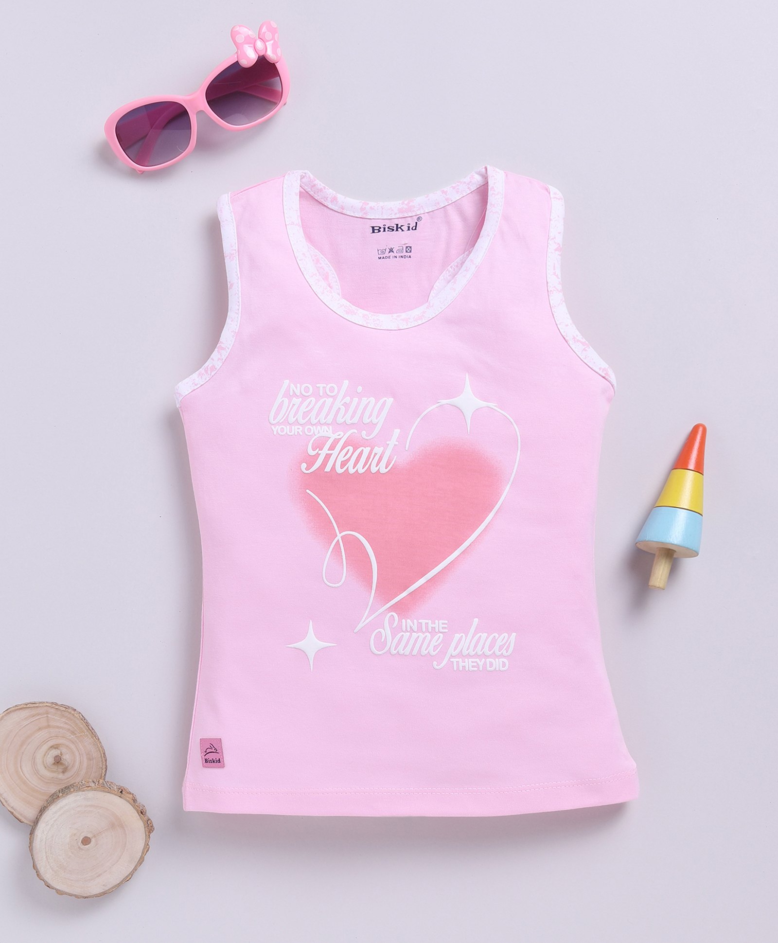 Biskid Cotton Sleeveless Heart Printed Tank Top - Pink-picture-29