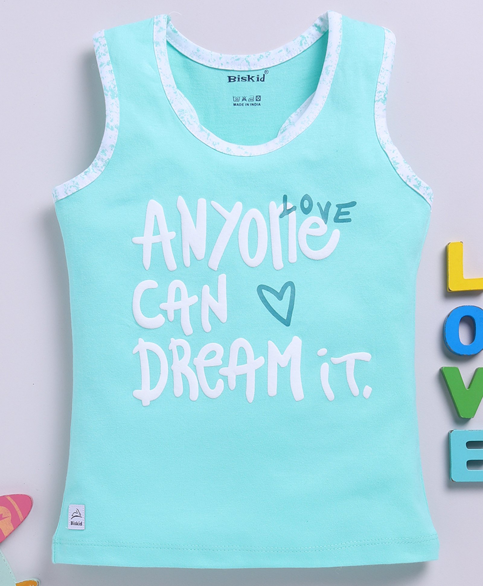 Biskid Cotton Sleeveless Anyone Can Dream It Text Puff Printed Tank Top - Sea Green-picture-47