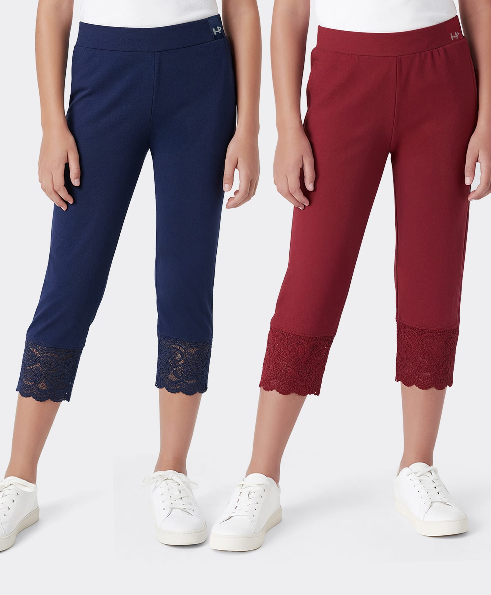 Honeyhap Premium Cotton Elastane Single Jersey Knit Three Fourth Leggings with Bio Finish & Lace Detailing - Barbados Cherry / Oceanic Blue-picture-16