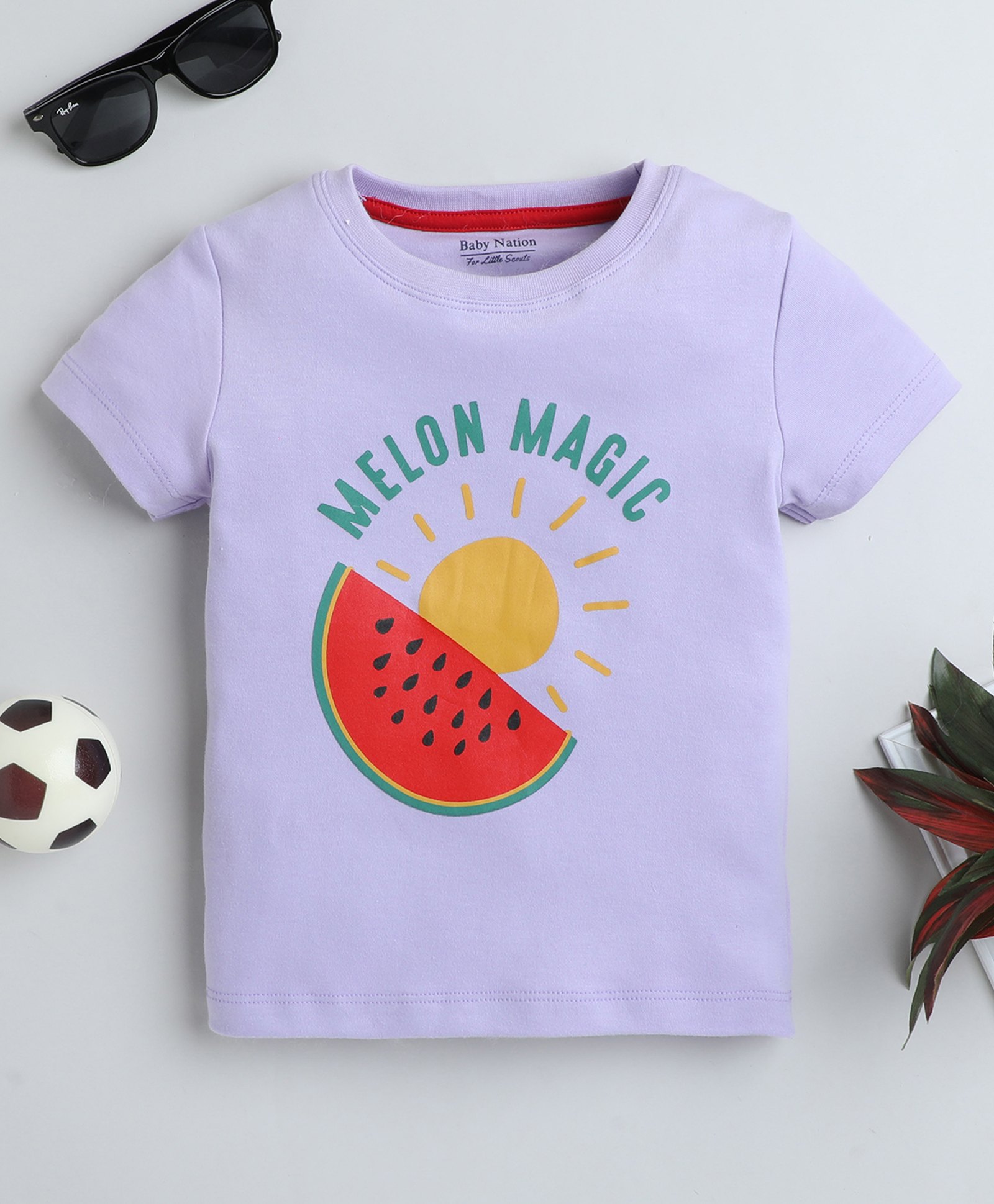BABY NATION Cotton Half Sleeves Melon Magic Text Printed Tee - Purple-picture-4