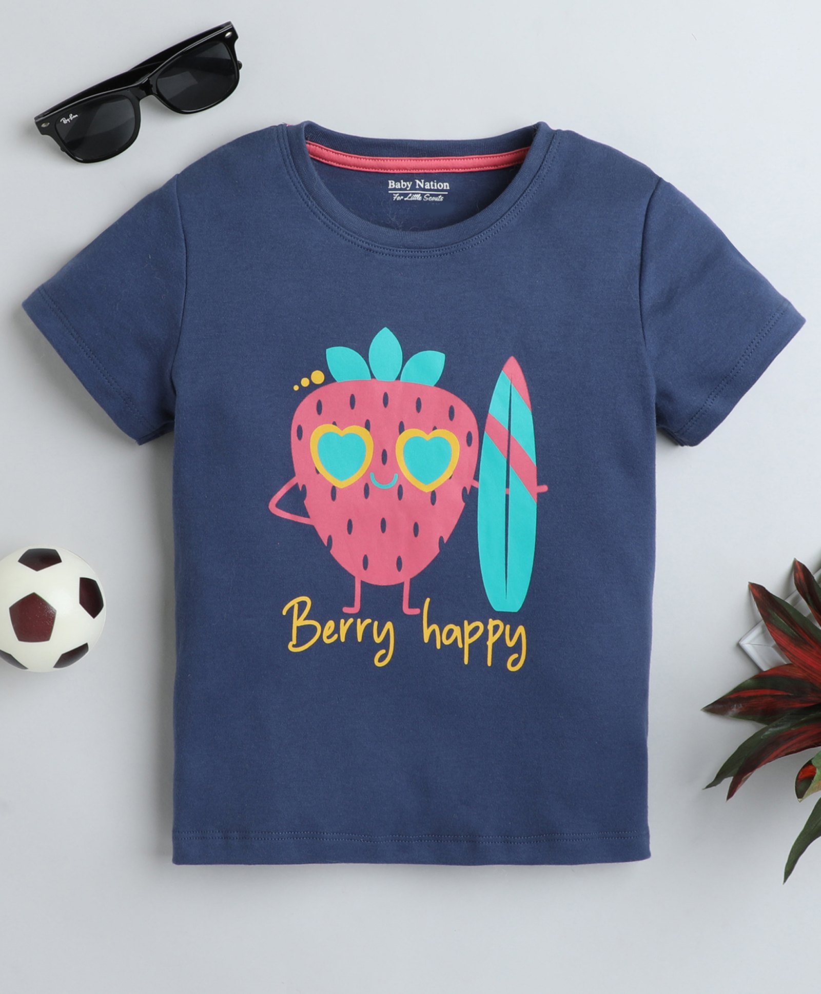 BABY NATION Cotton Half Sleeves Berry Happy Text Printed Tee - Navy Blue-image-44