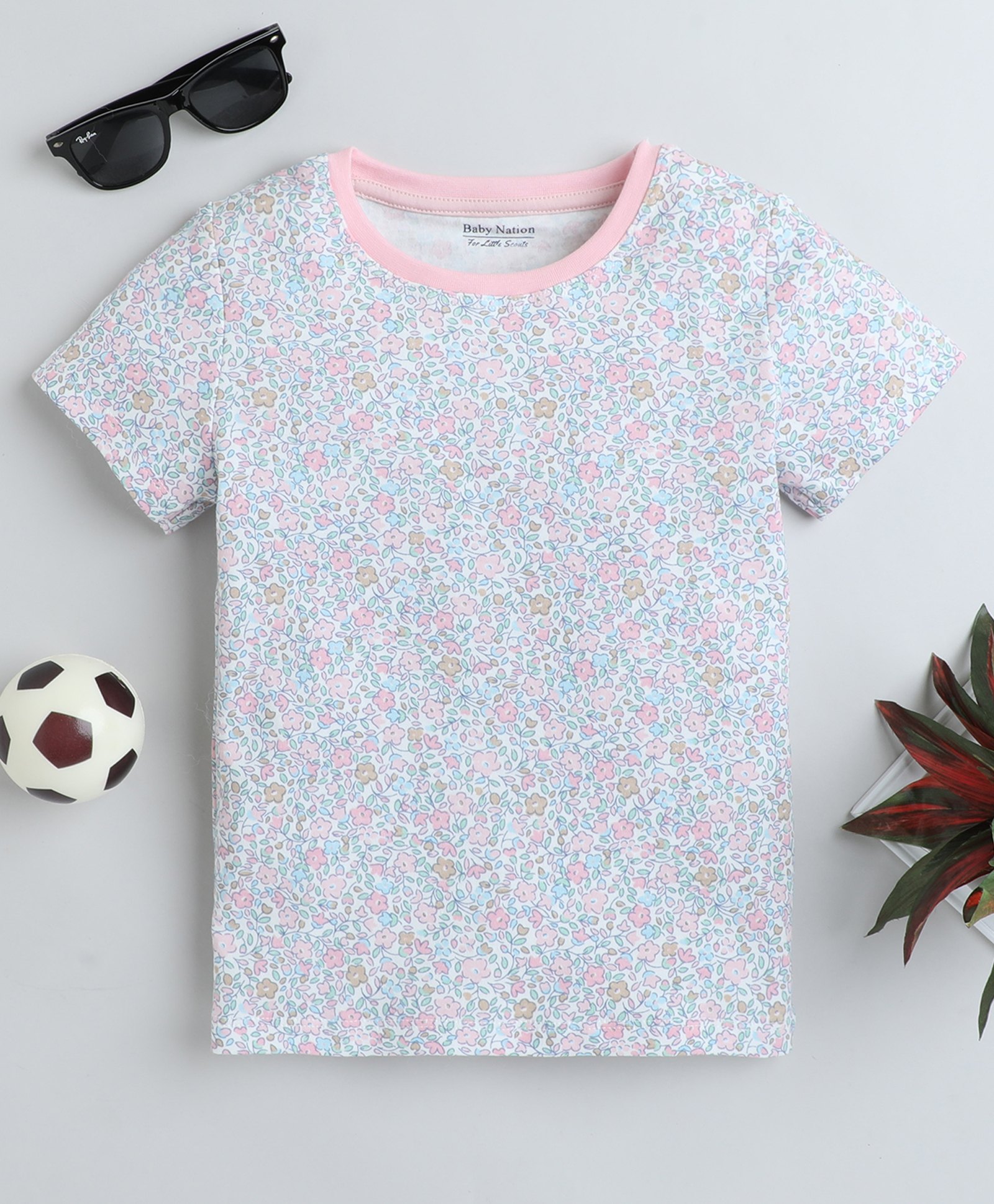 BABY NATION Cotton Half Sleeves Floral Printed Tee - White-image-18
